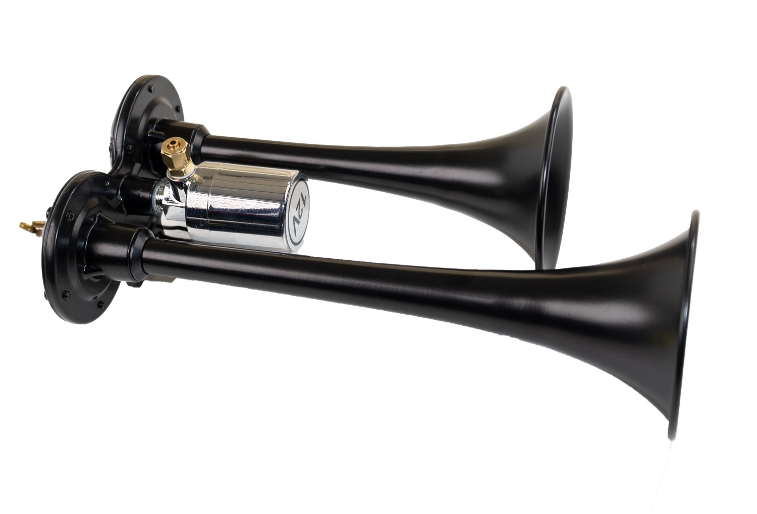 Kleinn Automotive Air Horns 101 Compact Dual Horn; Zinc Alloy Black Finish; 2-11.75 in./9.25 in. L Trumpets; Kleinn Automotive Air Horns 101