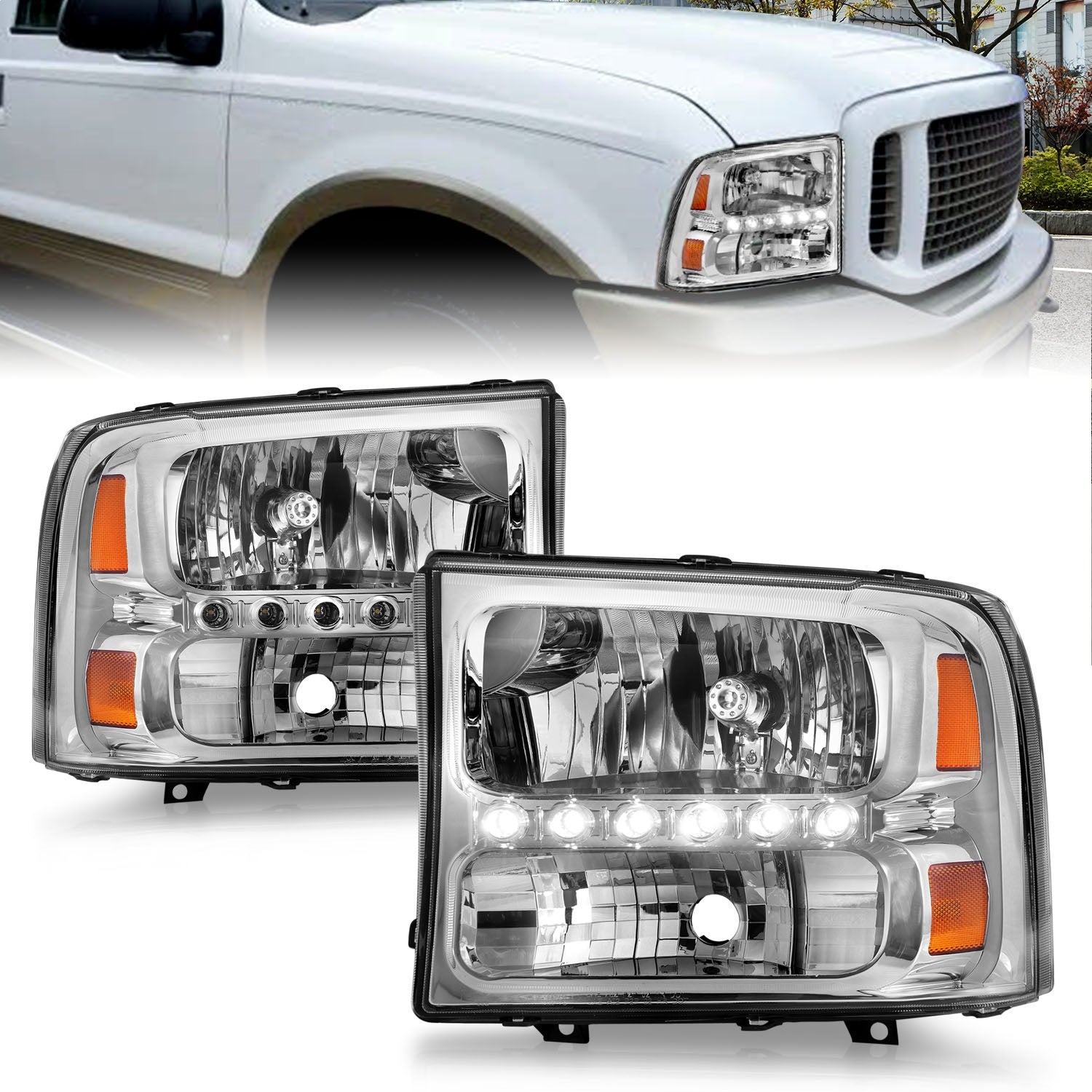 ANZO USA 111088 Crystal Headlight Set; Clear Lens; Chrome Housing; w/LED Bar/ LED Parking; Pair; ANZO USA 111088