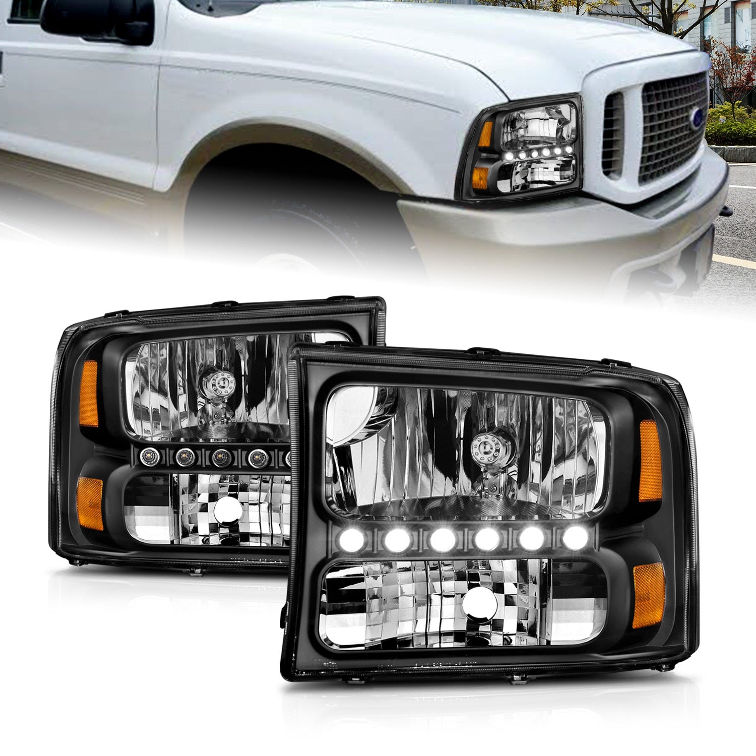 ANZO USA 111106 Crystal Headlight Set; Clear Lens; Black Housing; w/LED; Pair; ANZO USA 111106