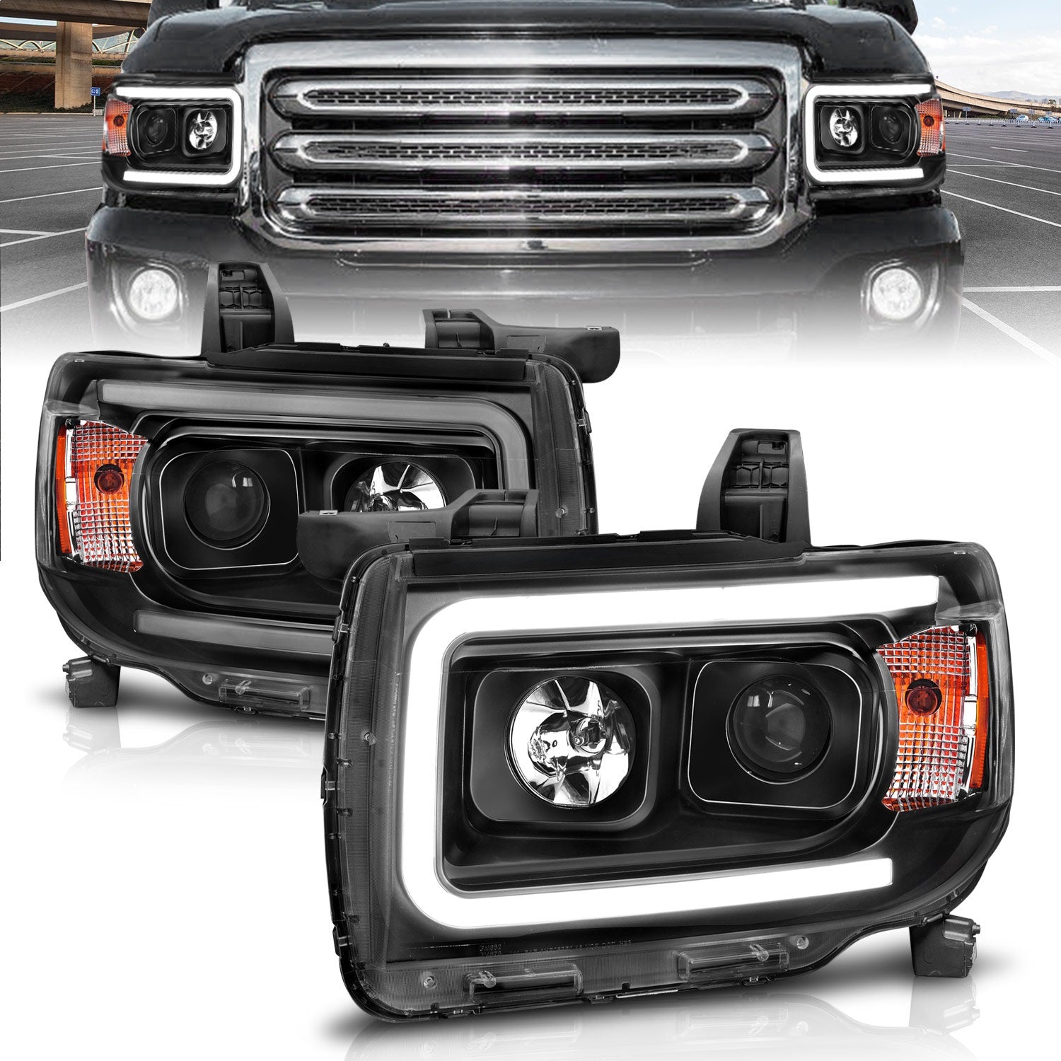 ANZO USA 111381 Projector Headlight Set; Plank Style; Clear Lens; Black Housing; Amber; Pair; ANZO USA 111381