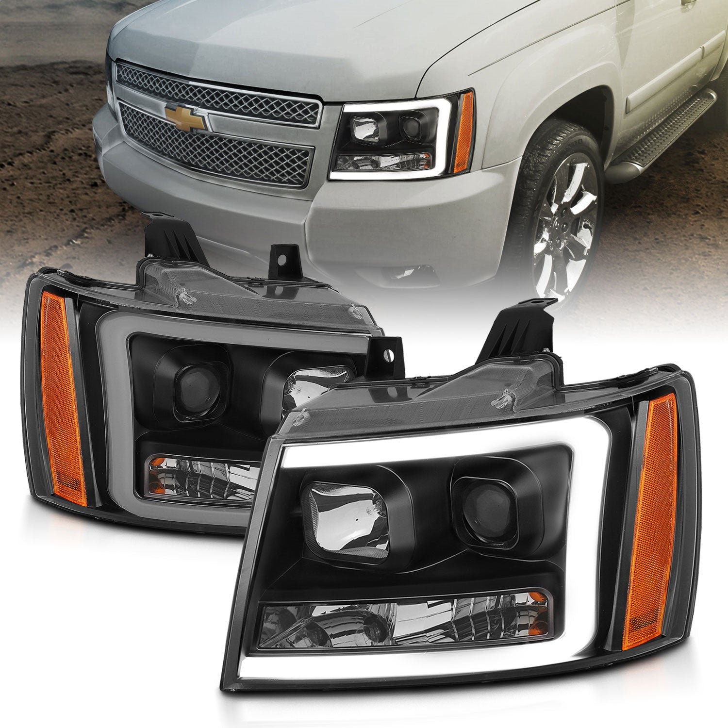 ANZO USA 111402 Projector Headlight Set; w/Plank Style Switchback; Black w/Amber; Pair; ANZO USA 111402
