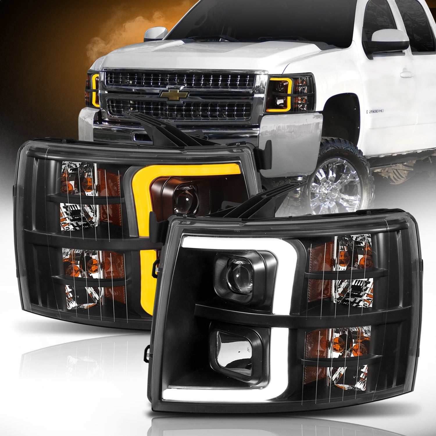 ANZO USA 111410 Projector Headlight Set; w/Plank Style Switchback; Black w/Amber; Pair; ANZO USA 111410