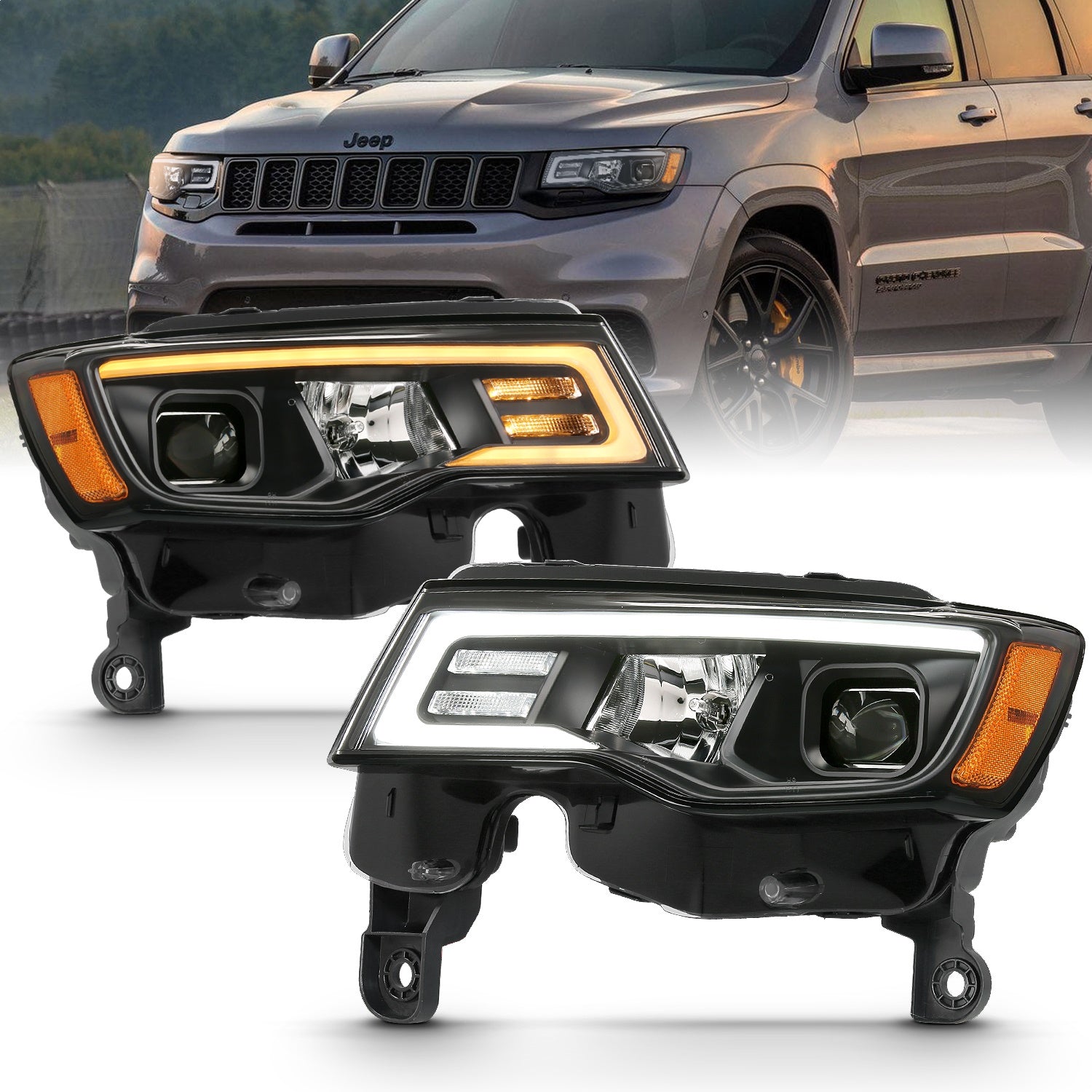 ANZO USA 111418 Projector Headlight Set; w/Plank Style Switchback; Black w/Amber; Pair; ANZO USA 111418
