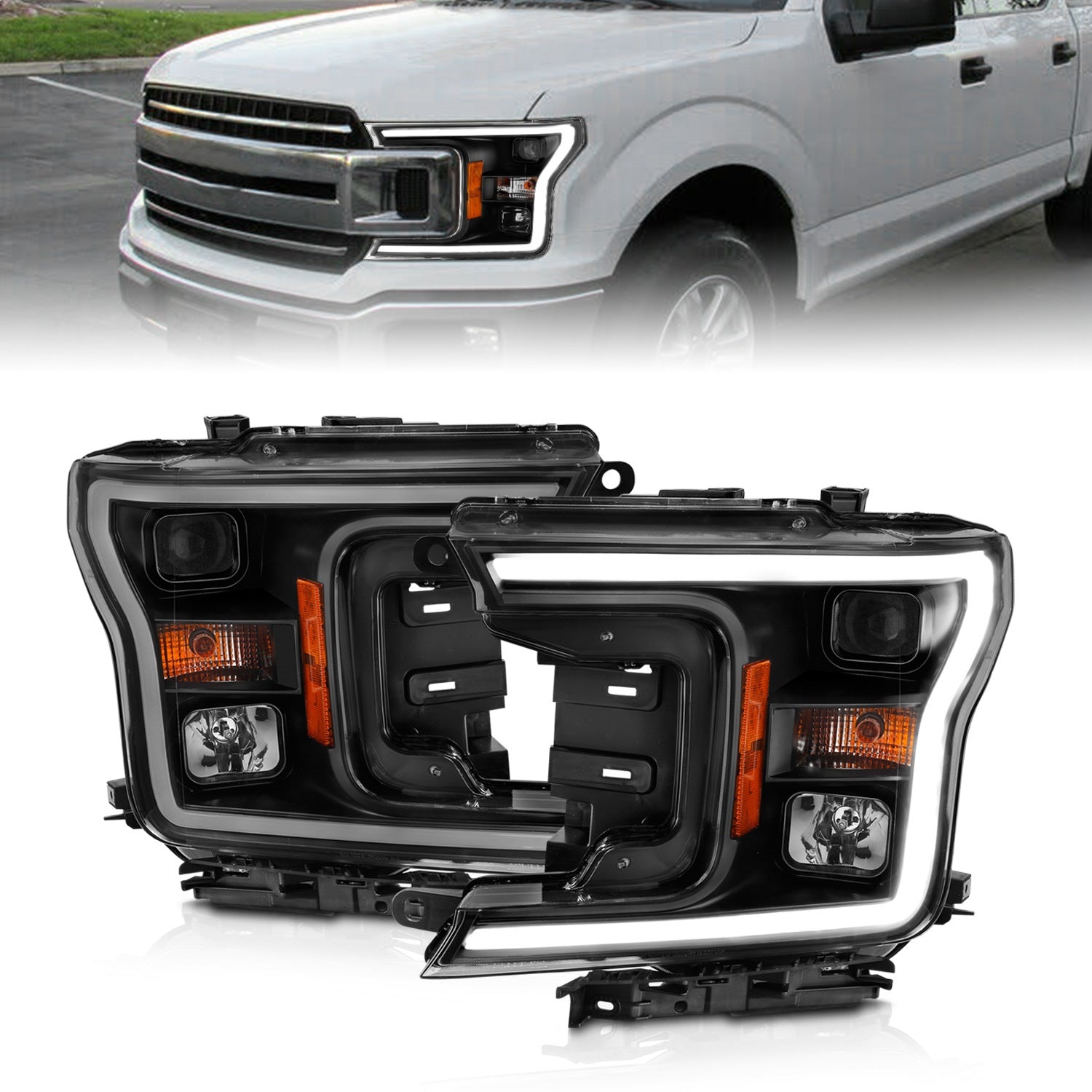 ANZO USA 111467 Projector Headlight Set w/Halo; w/Plank Style; Black w/Amber; Pair; ANZO USA 111467
