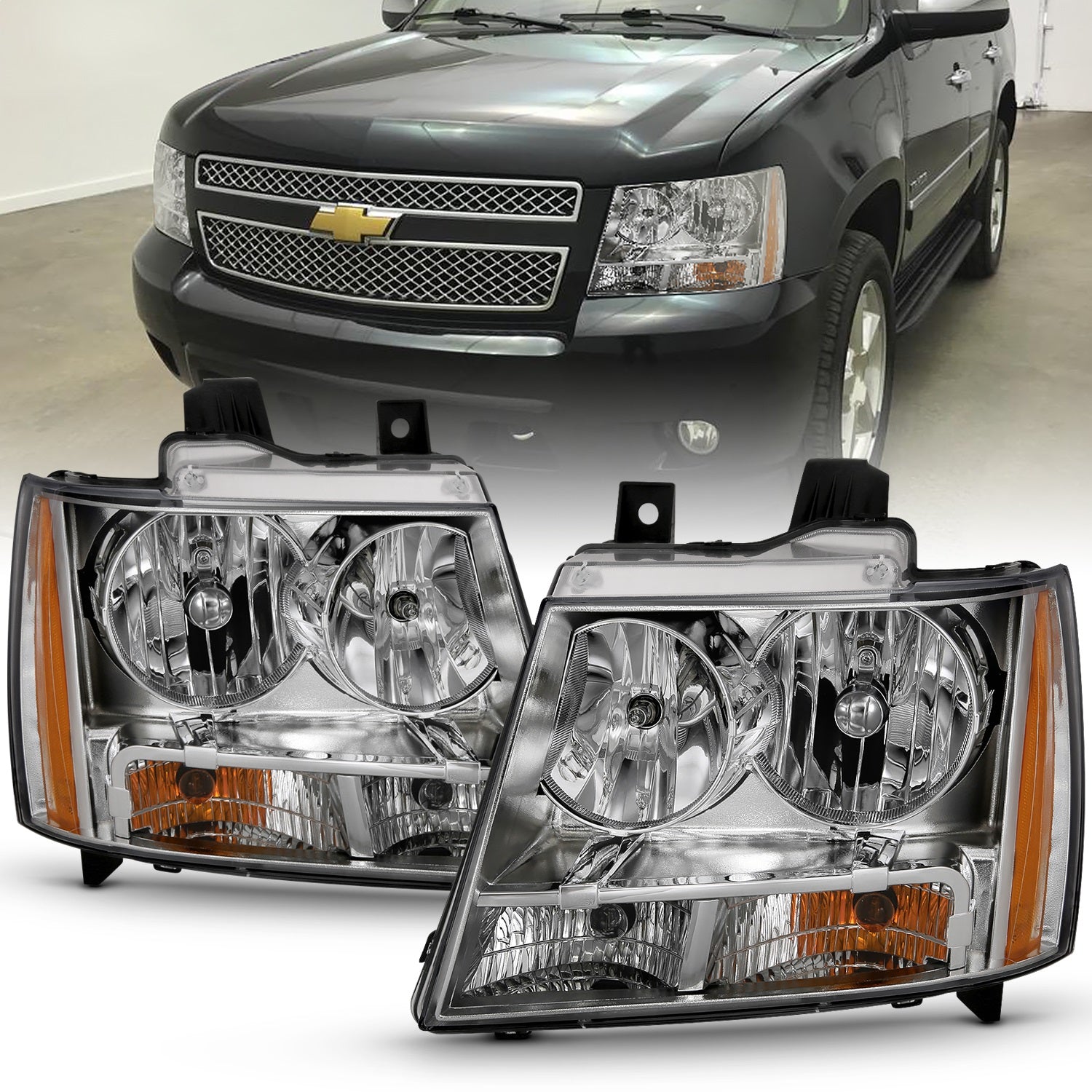 ANZO USA 111475 Crystal Headlight Set; Clear Lens; Chrome w/Amber Housing; Pair; ANZO USA 111475