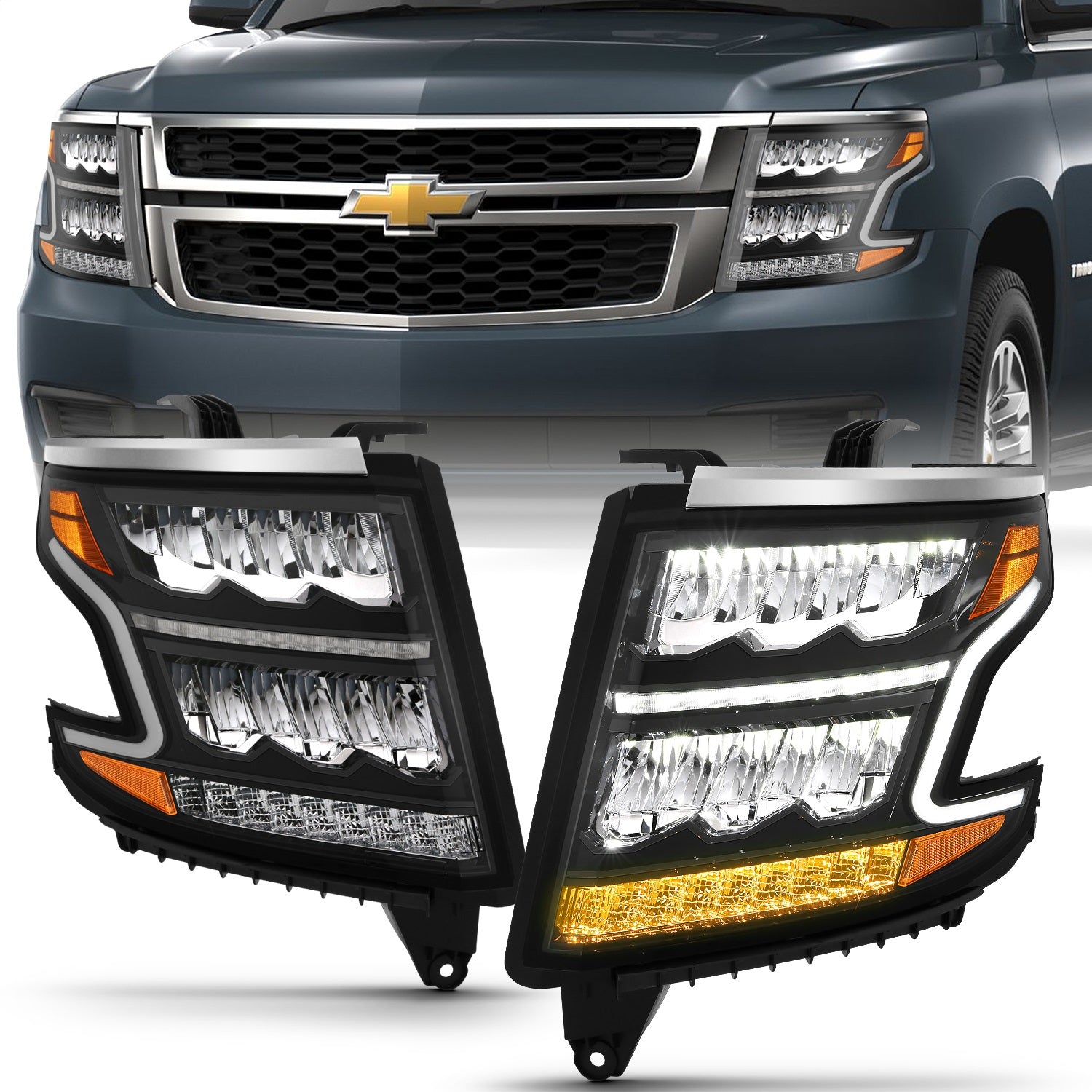 ANZO USA 111478 LED Crystal Headlight Set; w/Plank Style; Black Clear w/Sequential Amber; Pair; ANZO USA 111478