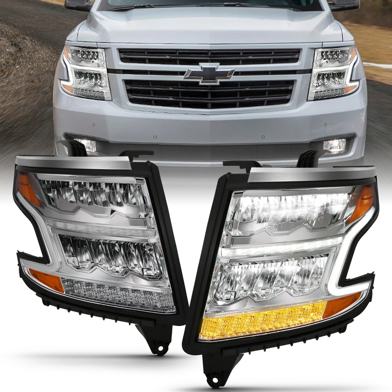 ANZO USA 111479 LED Crystal Headlight; w/Plank Style; Chrome Clear w/Sequential Amber; Pair; ANZO USA 111479