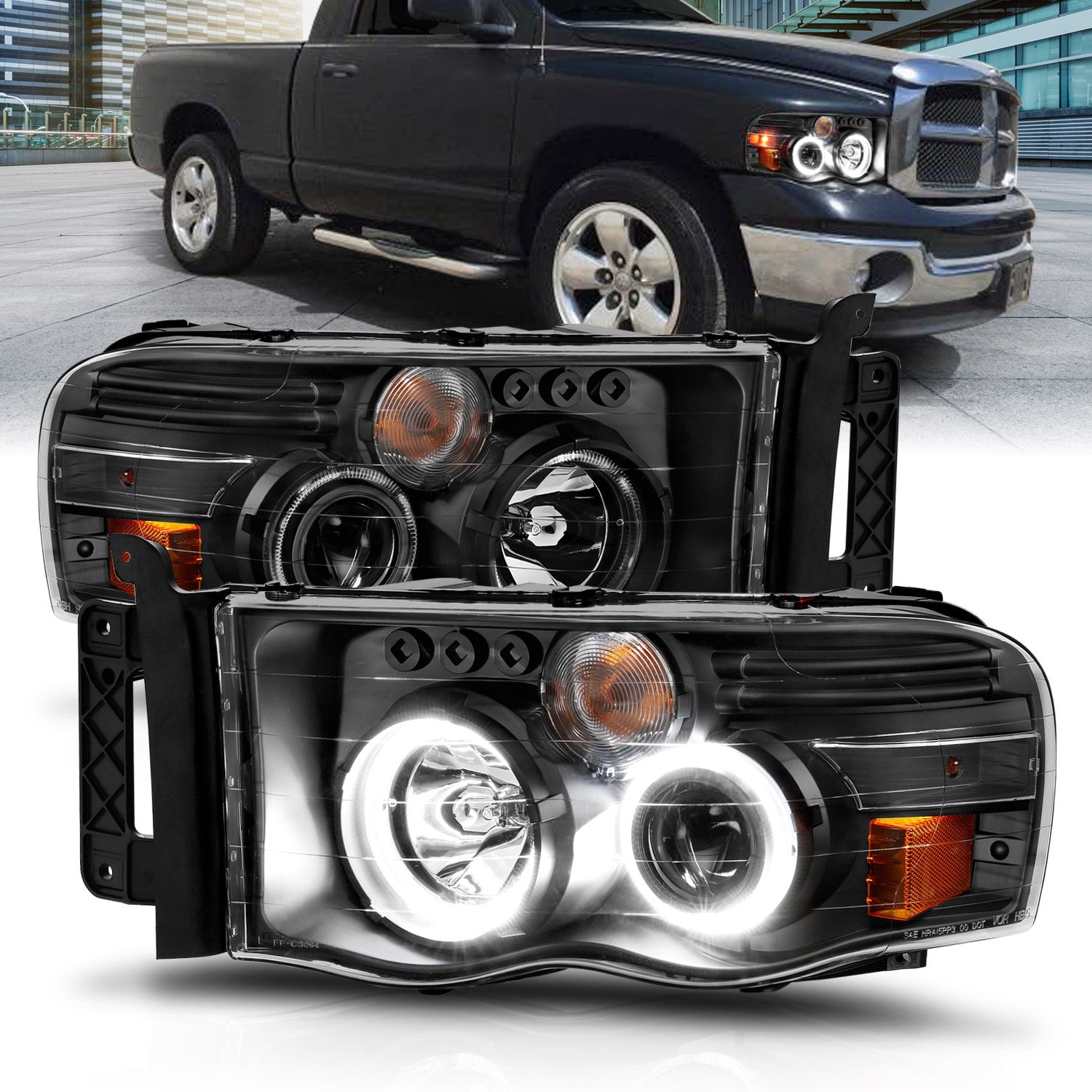 ANZO USA 111490 Projector Headlight Set w/Halo; Clear/Amber Lens; Black; Pair; ANZO USA 111490