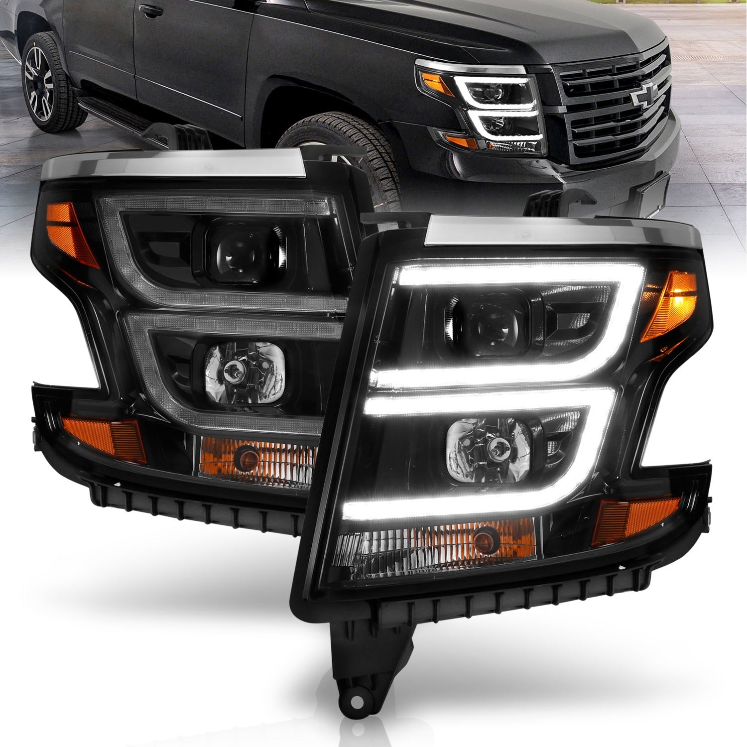 ANZO USA 111492 Projector Headlight Set; w/Plank Style; Black; w/DRL; Pair; ANZO USA 111492