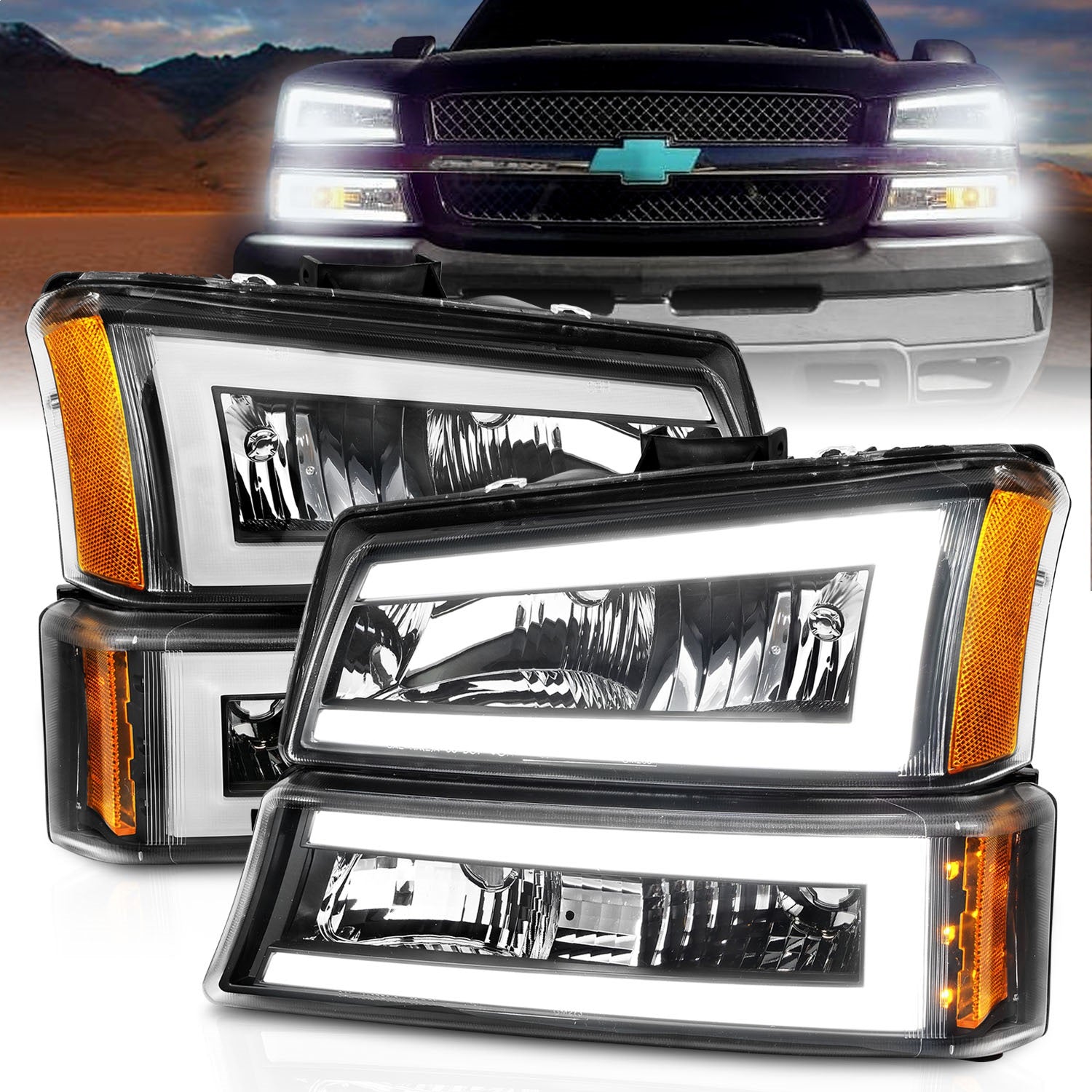 ANZO USA 111501 Crystal Headlight Set; Black Housing; Pair; w/Light Bar; ANZO USA 111501