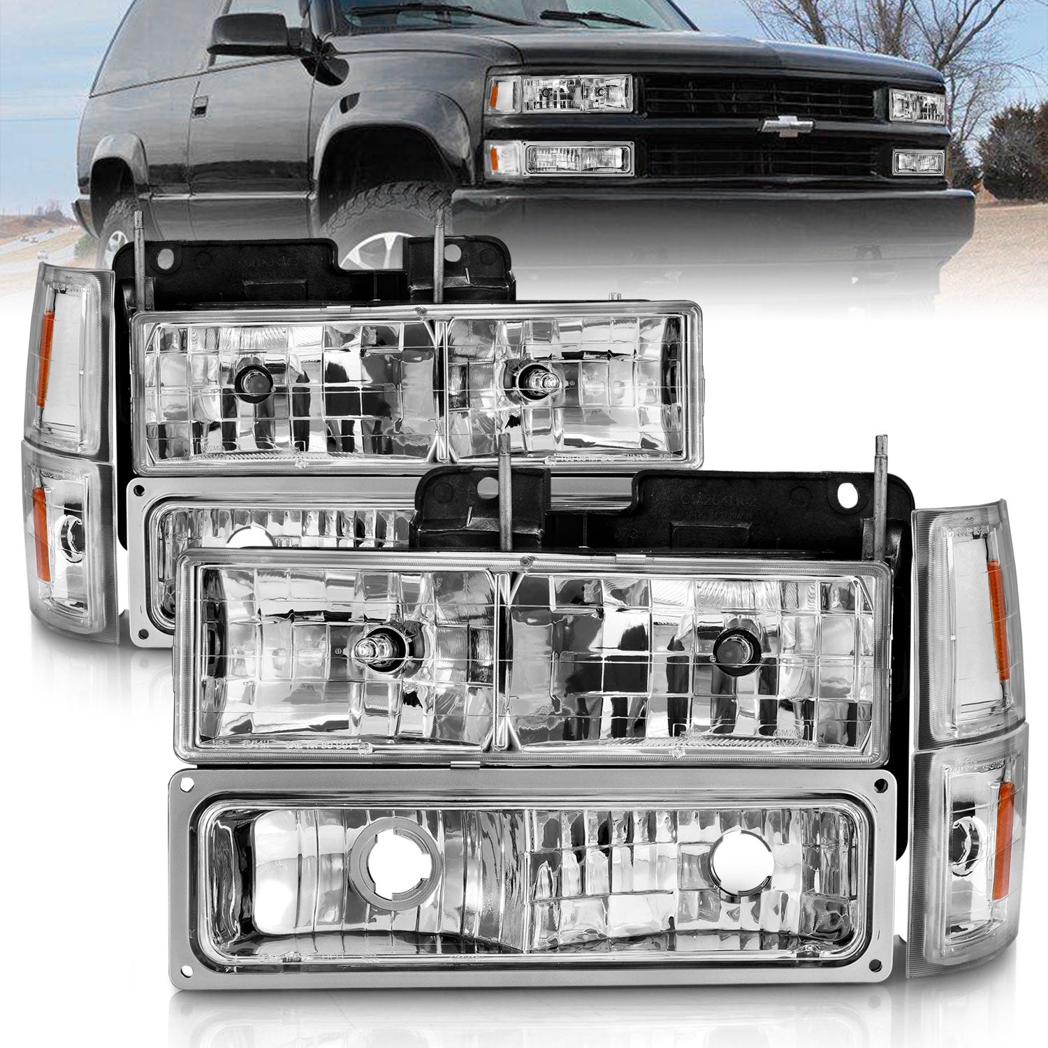 ANZO USA 111506 Crystal Headlight Set; Chrome Housing; w/Signal and Side Markers; 8 PCS; Pair; ANZO USA 111506