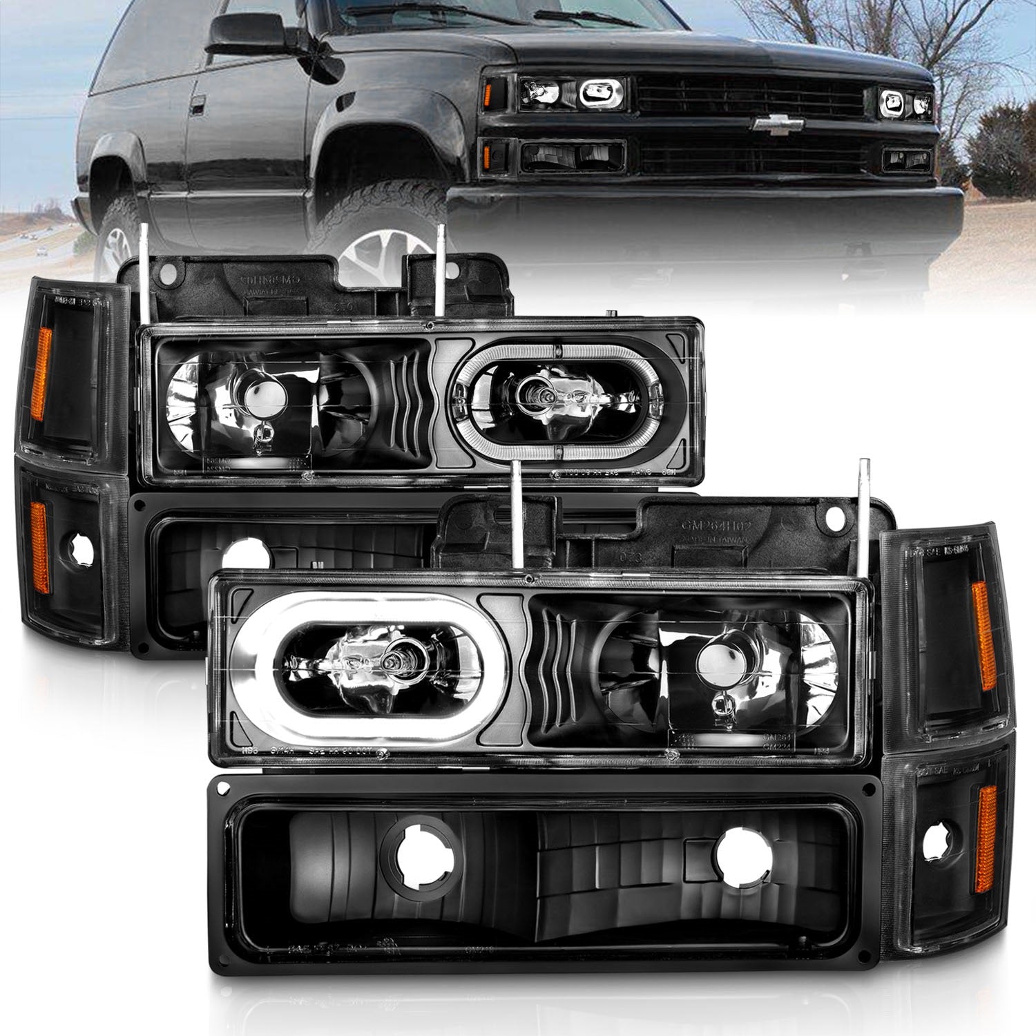 ANZO USA 111507 Crystal Headlight Set; Black Housing; w/Signal and Side Markers; 8 PCS; Pair; ANZO USA 111507