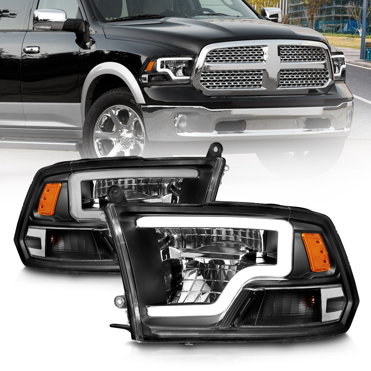 ANZO USA 111539 LED Projector Headlight; LED Square; Black Housing; w/Light Bar; Pair; ANZO USA 111539