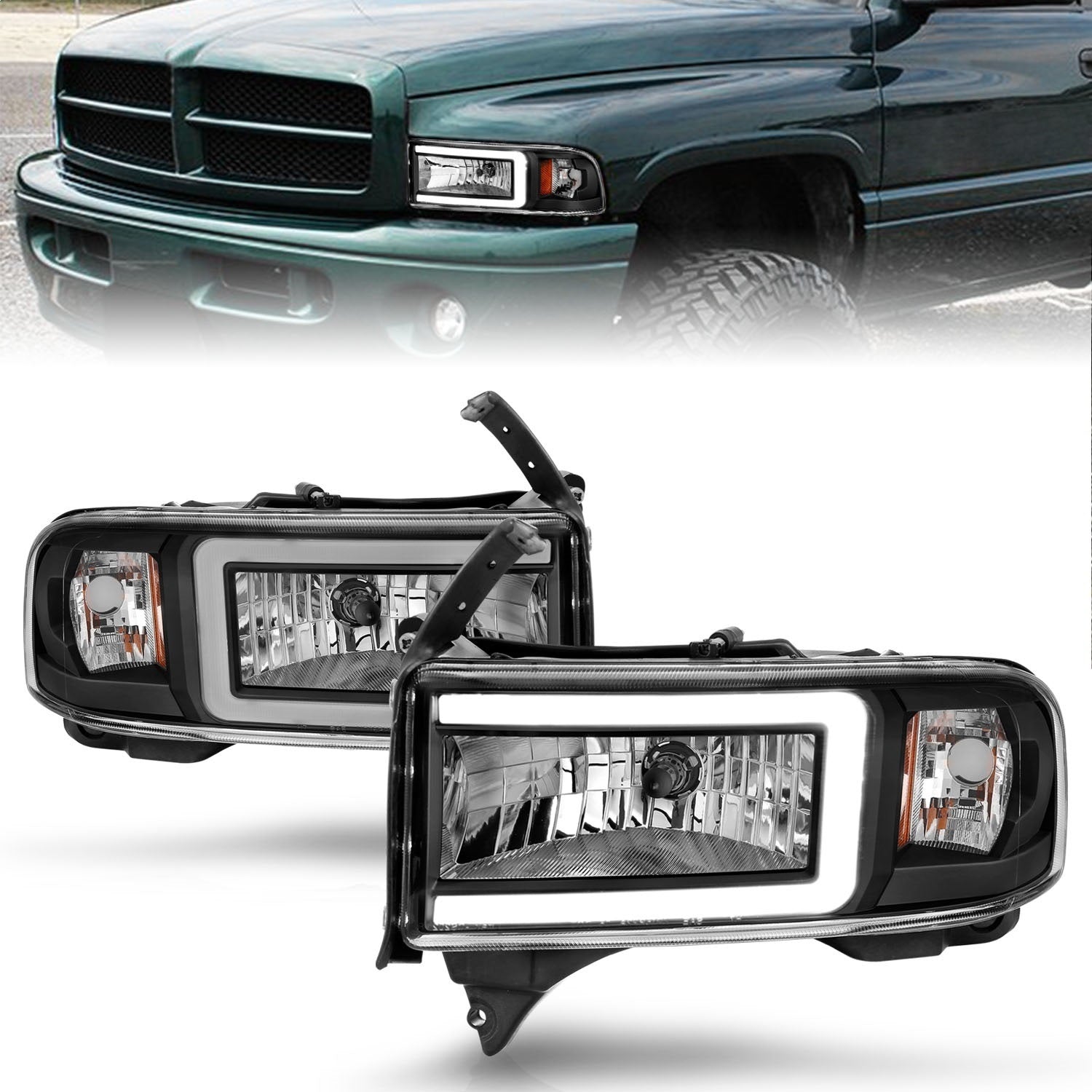 ANZO USA 111554 LED Crystal Headlight Set; w/Light Bar; Black Housing; Pair; ANZO USA 111554