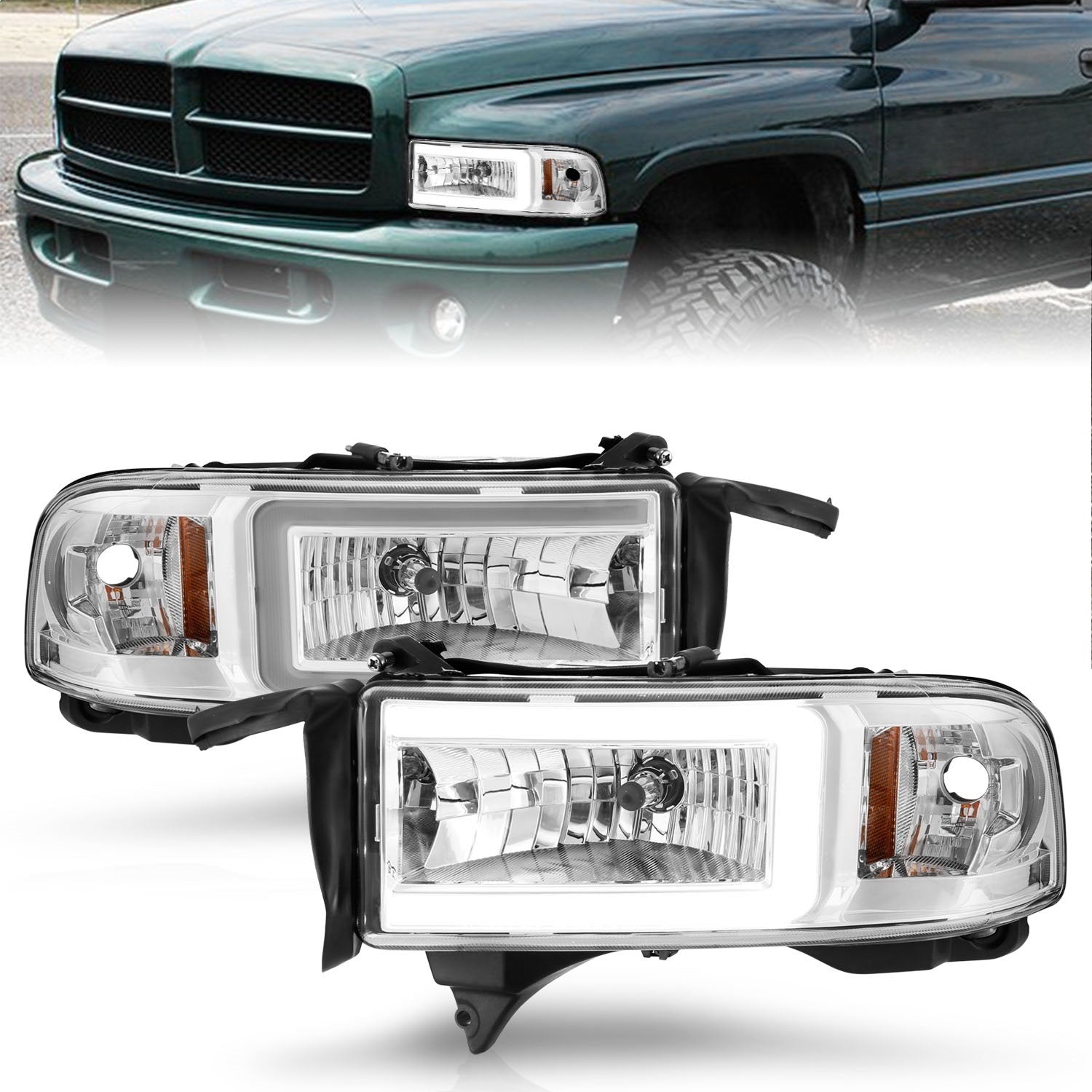 ANZO USA 111555 LED Crystal Headlight Set; w/Light Bar; Chrome Housing; Pair; ANZO USA 111555