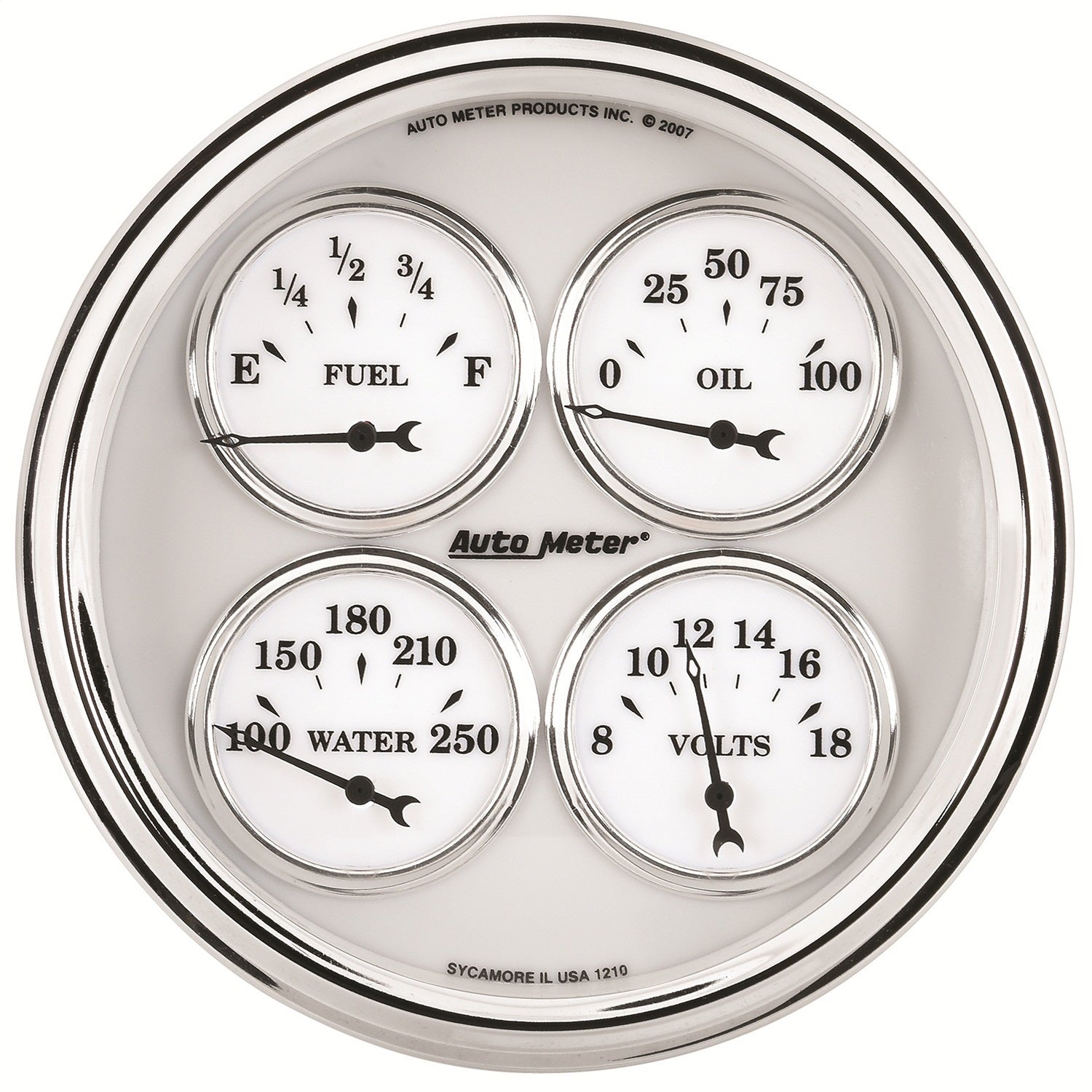 AutoMeter 1210 5in. QUAD GAUGE; 100 PSI/100-250 deg.F/8-18V/240-33 O; OLD-TYME WHITE II AutoMeter 1210