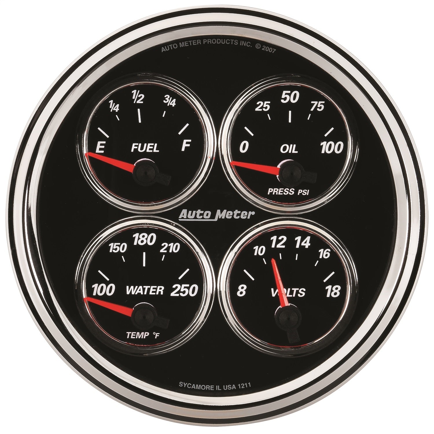 AutoMeter 1211 5in. QUAD GAUGE; 100 PSI/100-250 deg.F/8-18V/240-33 O; DESIGNER BLACK II AutoMeter 1211