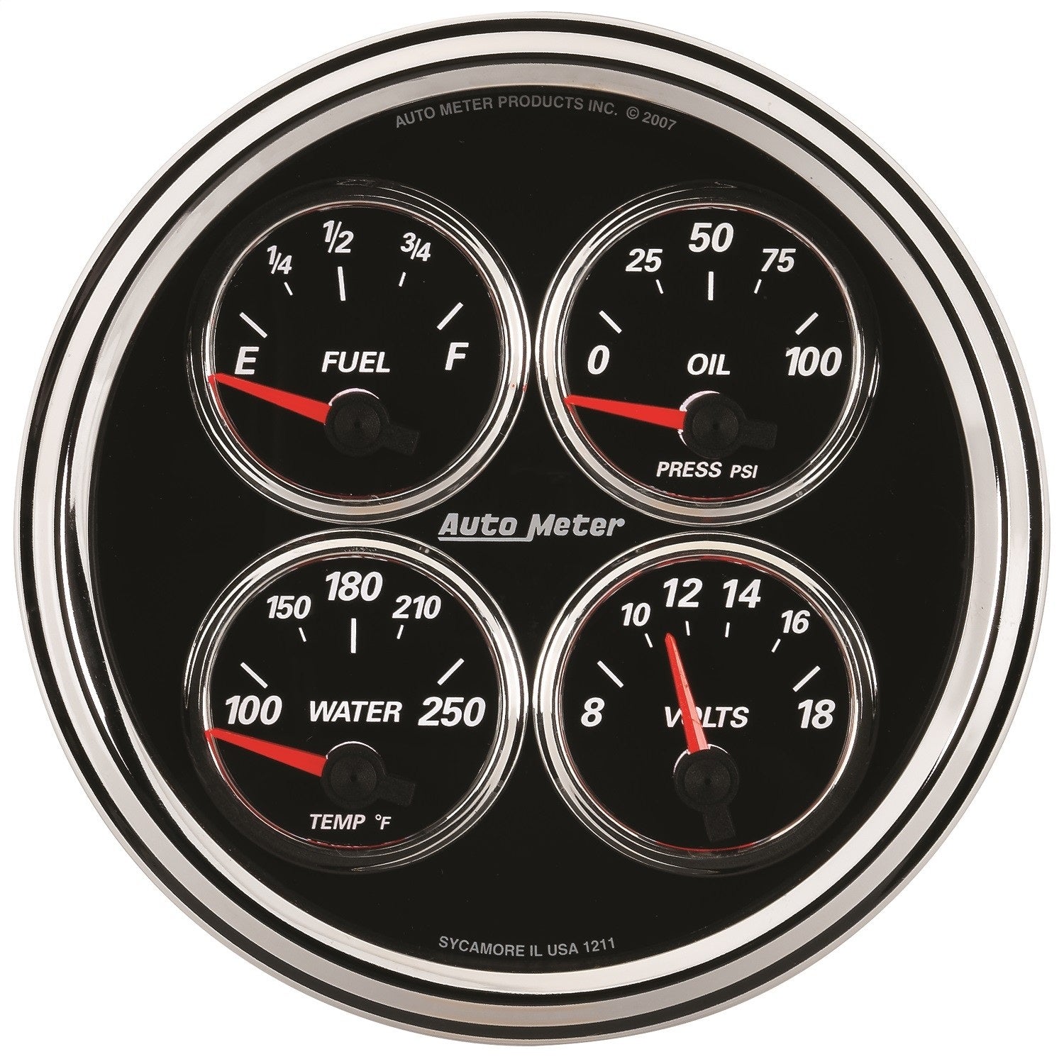 AutoMeter 1224 5in. QUAD GAUGE; 100 PSI/100-250 deg.F/8-18V/0-90 O; DESIGNER BLACK II AutoMeter 1224