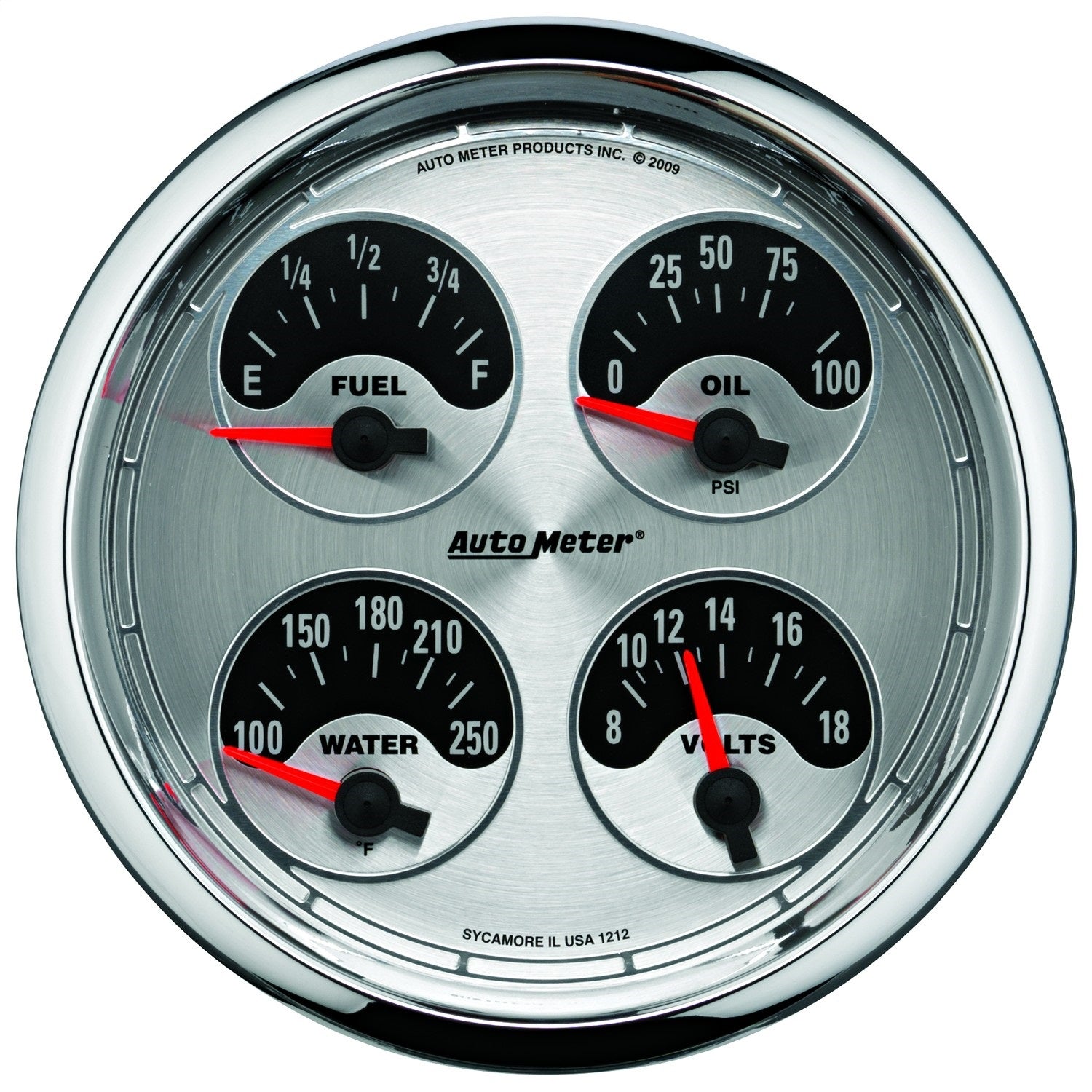 AutoMeter 1225 5in. QUAD GAUGE; 100 PSI/100-250 deg.F/8-18V/0-90 O; AMERICAN MUSCLE AutoMeter 1225