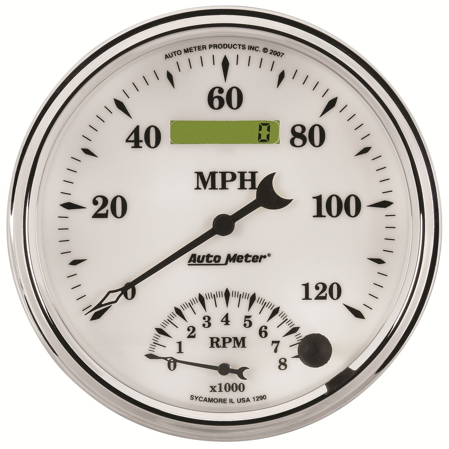 AutoMeter 1290 GAUGE; TACH/SPEEDO; 5in.; 120MPH/8K RPM; ELEC. PROGRAM; OLD TYME WHITE II AutoMeter 1290