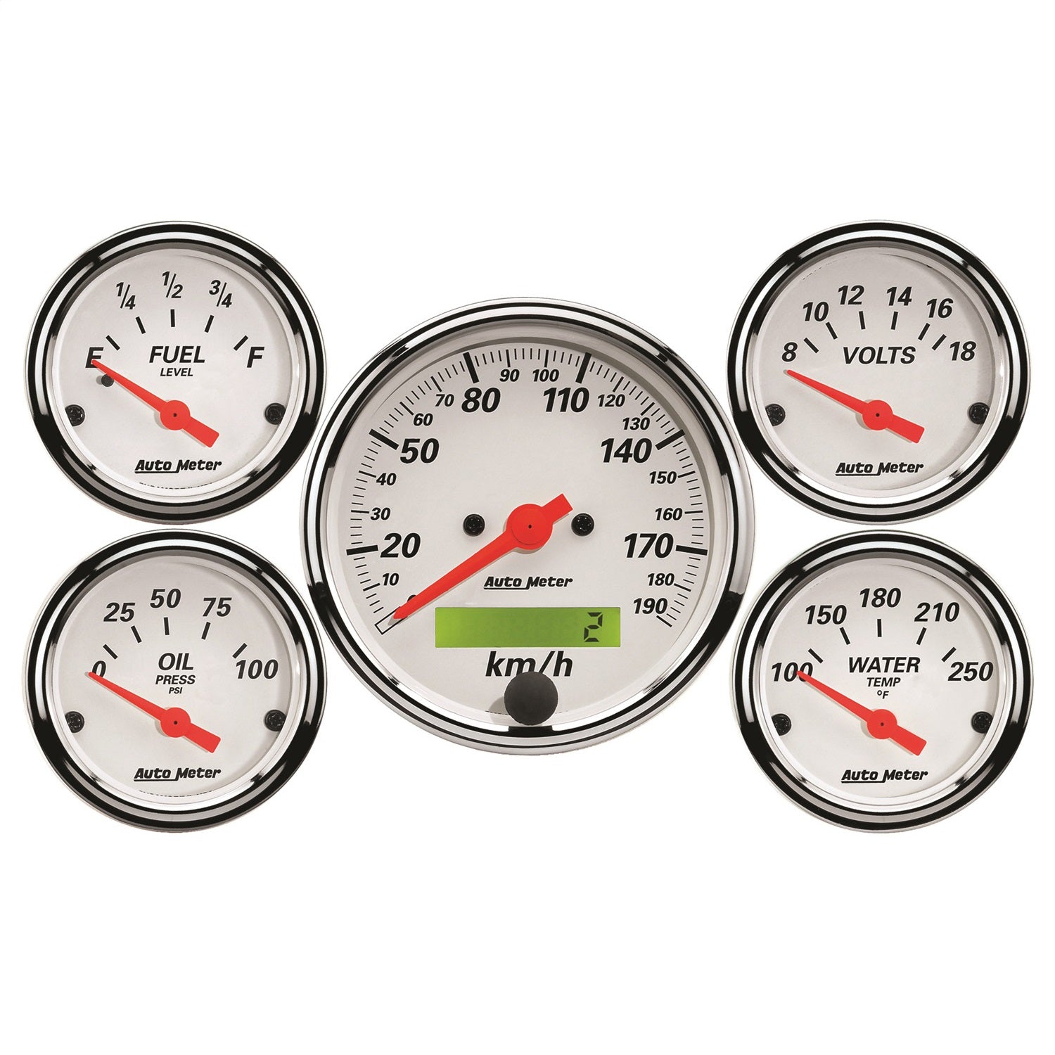 AutoMeter 1302-M GAUGE KIT; 5 PC.; 3 1/8in./2 1/16in.; ELEC. KM/H SPEEDO.; ARCTIC WHITE AutoMeter 1302-M