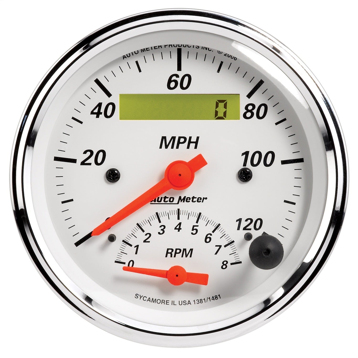 AutoMeter 1381 GAUGE; TACH/SPEEDO; 3 3/8in.; 120MPH/8K RPM; ELEC. PROGRAM.; ARCTIC WHITE AutoMeter 1381