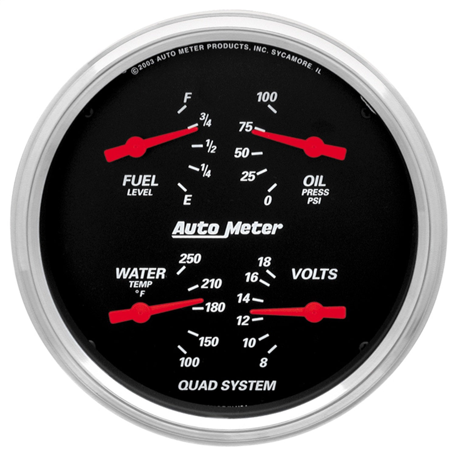 AutoMeter 1410 5in. QUAD GAUGE; 100 PSI/100-250 deg.F/8-18V/240-33 O; DESIGNER BLACK AutoMeter 1410