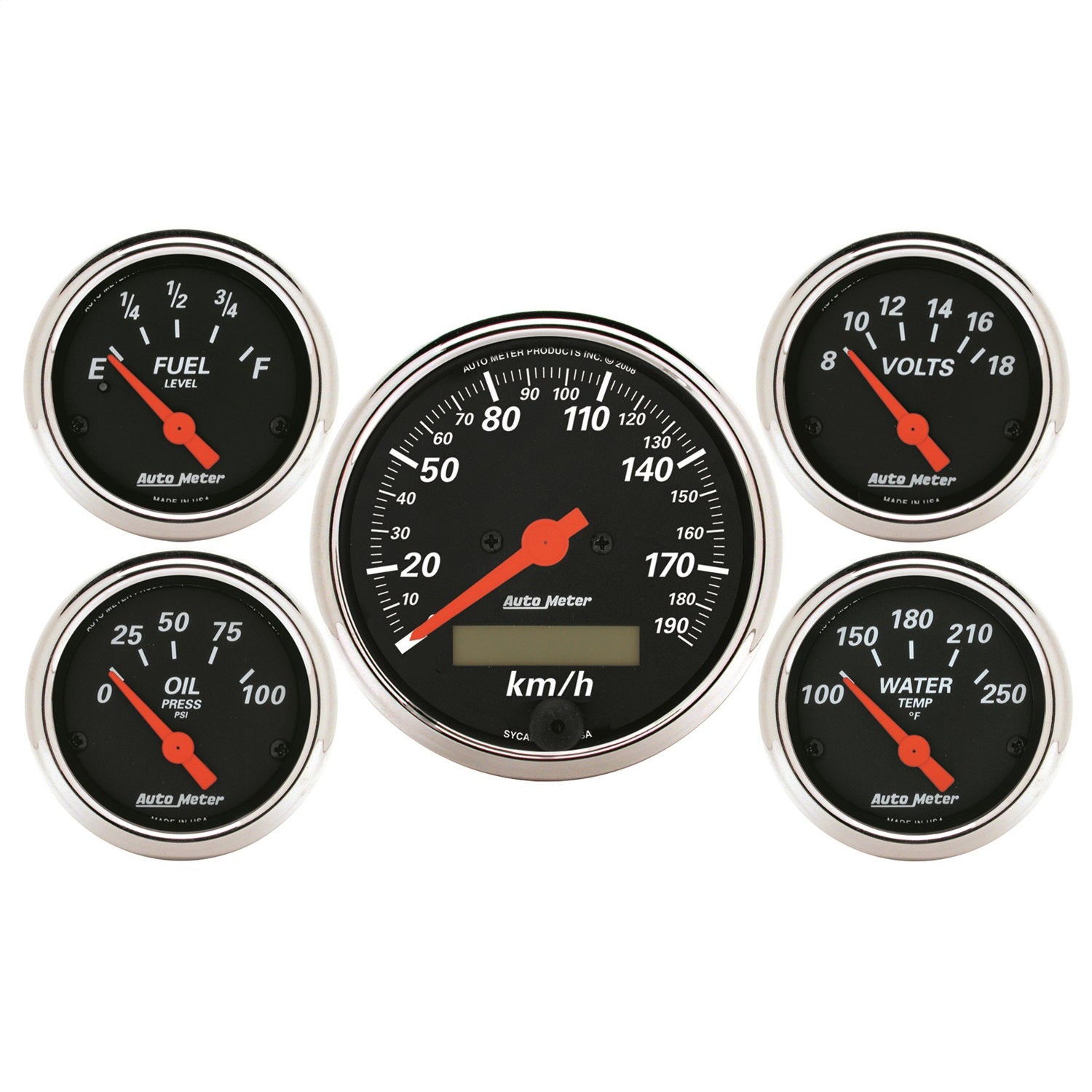 AutoMeter 1421-M GAUGE KIT; 5 PC.; 3 1/8in./2 1/16in.; ELEC. KM/H SPEEDOMETER; DESIGNER BLACK AutoMeter 1421-M