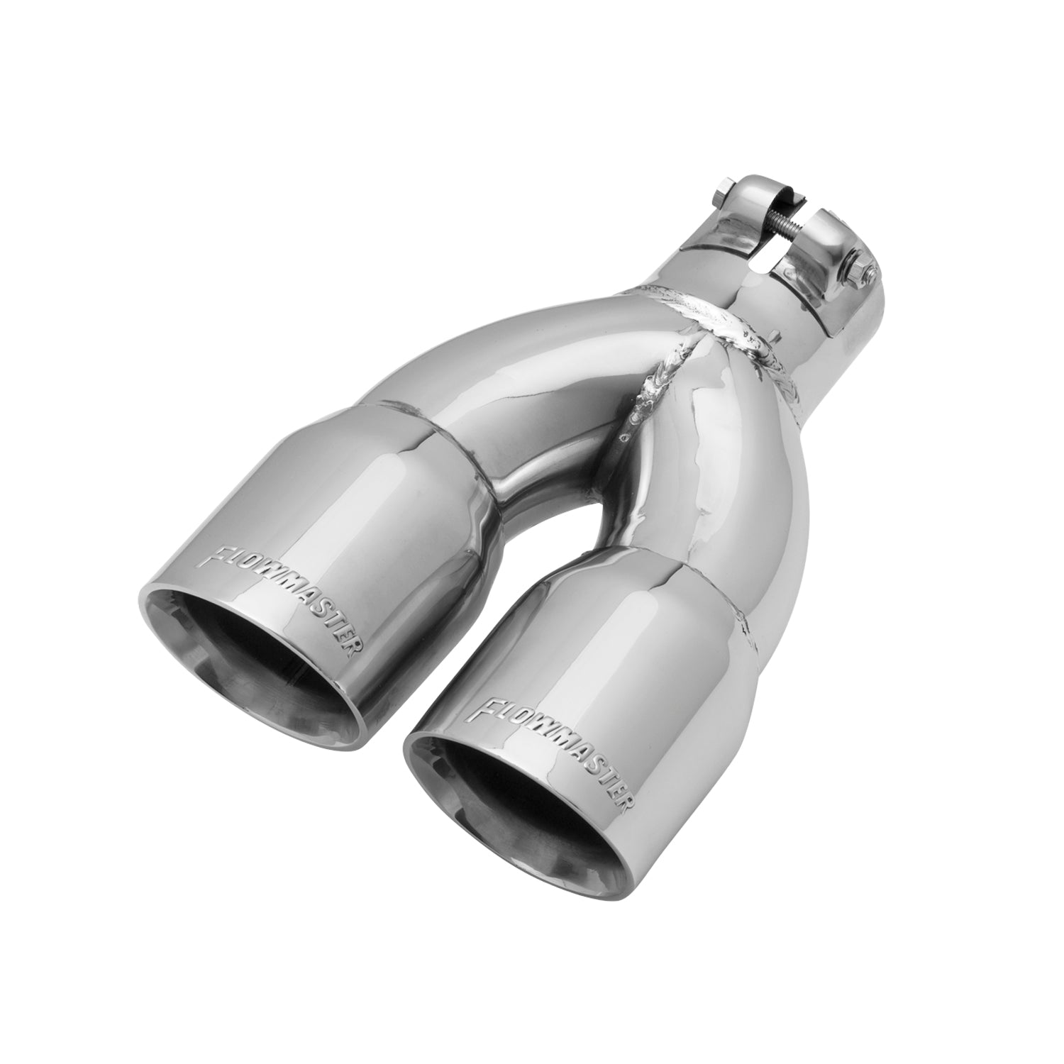 Exhaust Tip - 3.00 in. Dual Angle Cut Polished SS Fits 2.25 in. Tubing -Clamp on