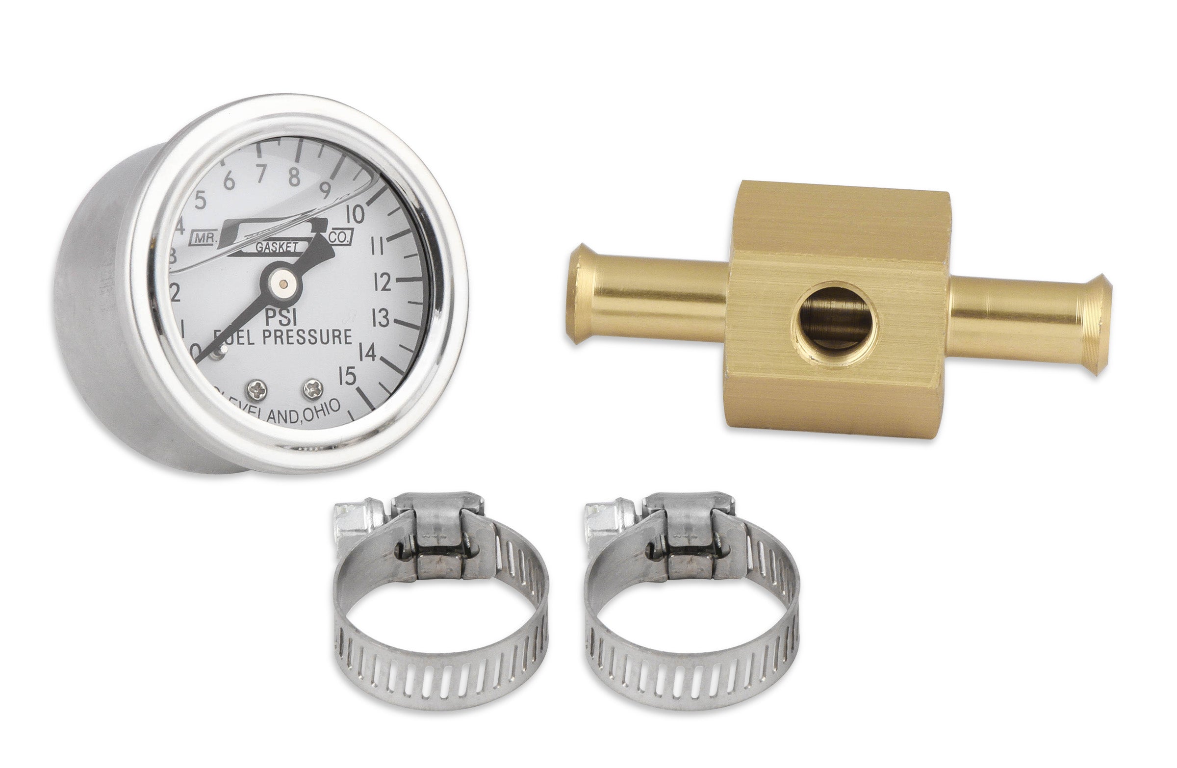Mr Gasket 1564 Fuel Pressure Gauge; 1.5 in. Dia.; 0-15 lbs; w/3/8 in. Fuel Line Adapter; Mr Gasket 1564