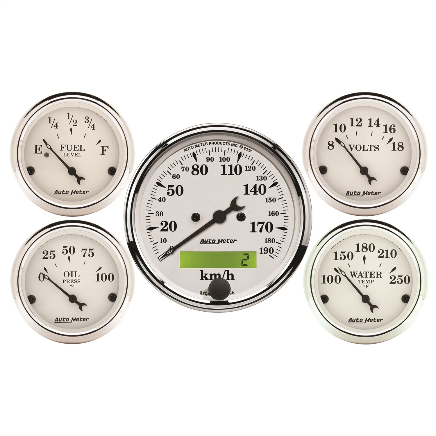 AutoMeter 1602-M GAUGE KIT; 5 PC.; 3 1/8in./2 1/16in.; ELEC. KM/H SPEEDOMETER; OLD TYME WHITE AutoMeter 1602-M