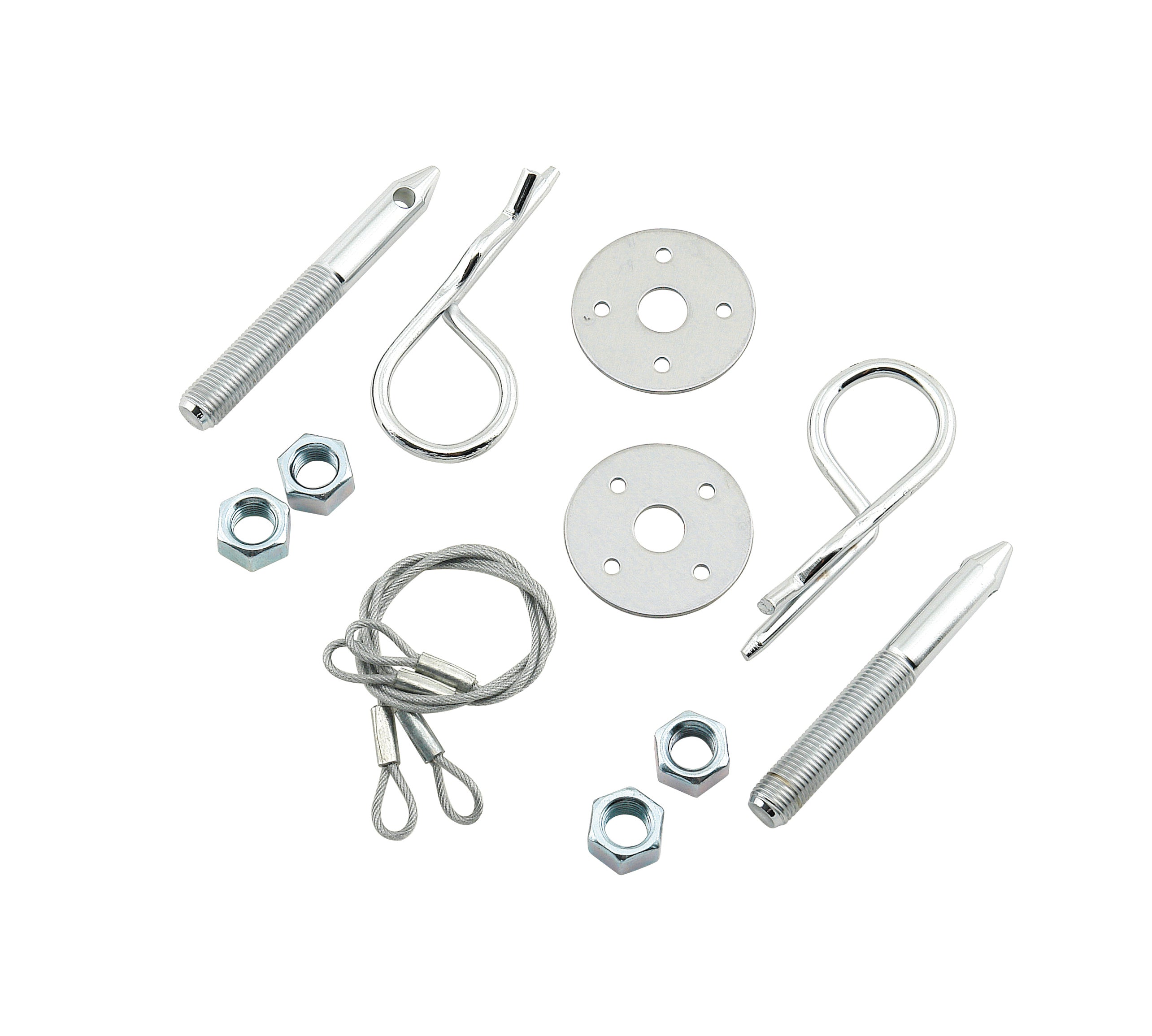 Hood pin kit with hairpin style clips designed for oval track applications.