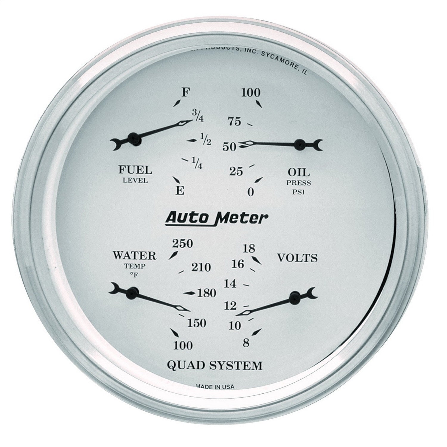 AutoMeter 1619 5in. QUAD GAUGE; 100 PSI/100-250 deg.F/8-18V/0-90 O; OLD-TYME WHITE AutoMeter 1619