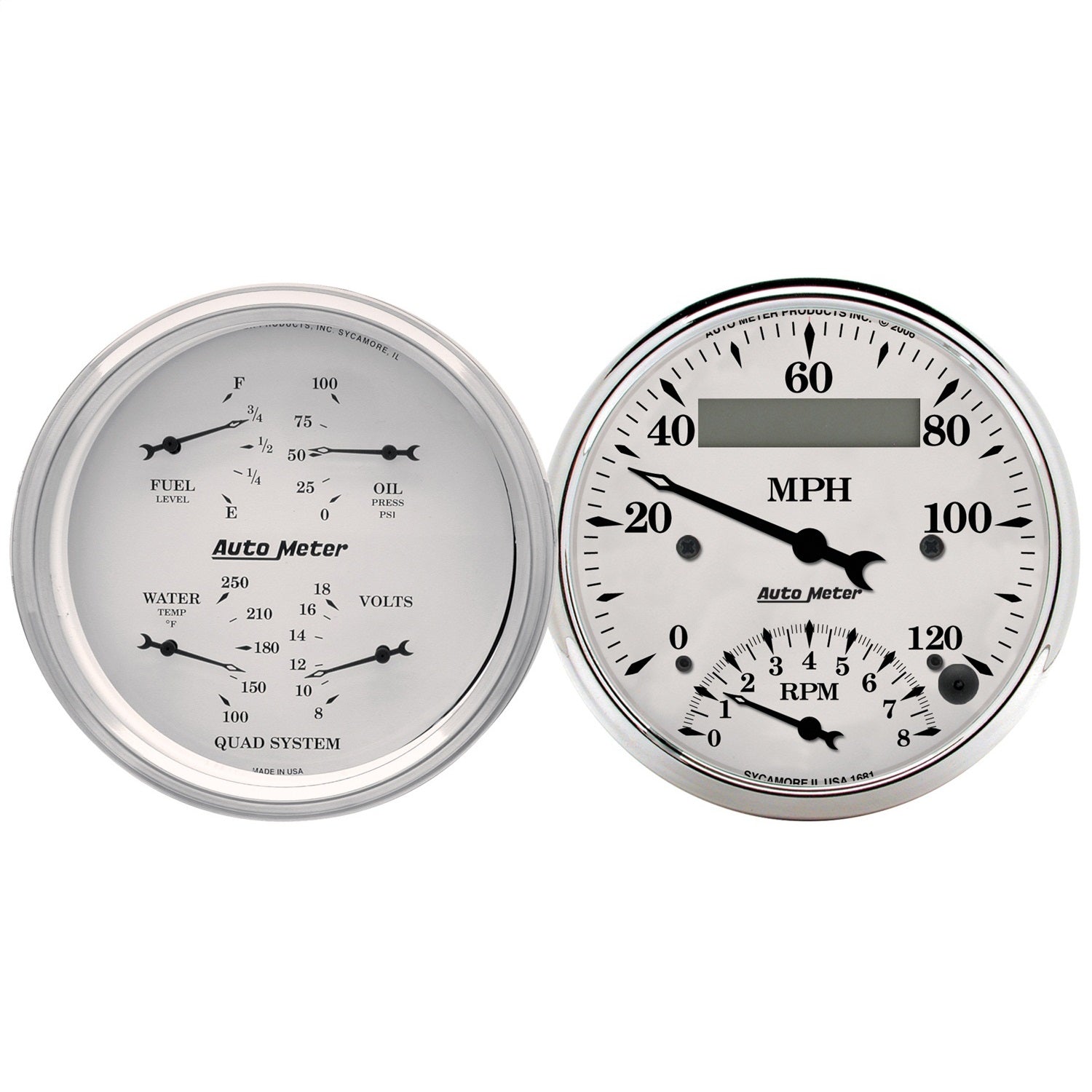 AutoMeter 1620 2 PC. GAUGE KIT; 3-3/8in. QUAD/TACH/SPEEDO; 240-33 O; OLD TYME WHITE AutoMeter 1620