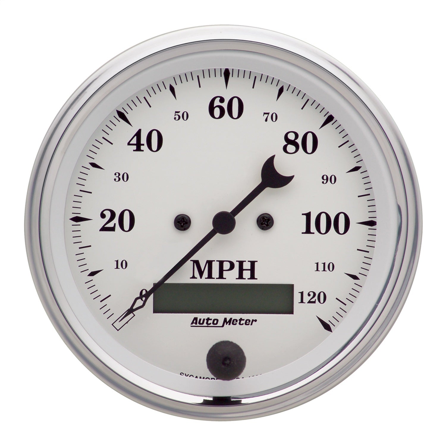 AutoMeter 1680 GAUGE; SPEEDO.; 3 3/8in.; 120MPH; ELEC. PROG. W/LCD ODO; OLD TYME WHITE AutoMeter 1680