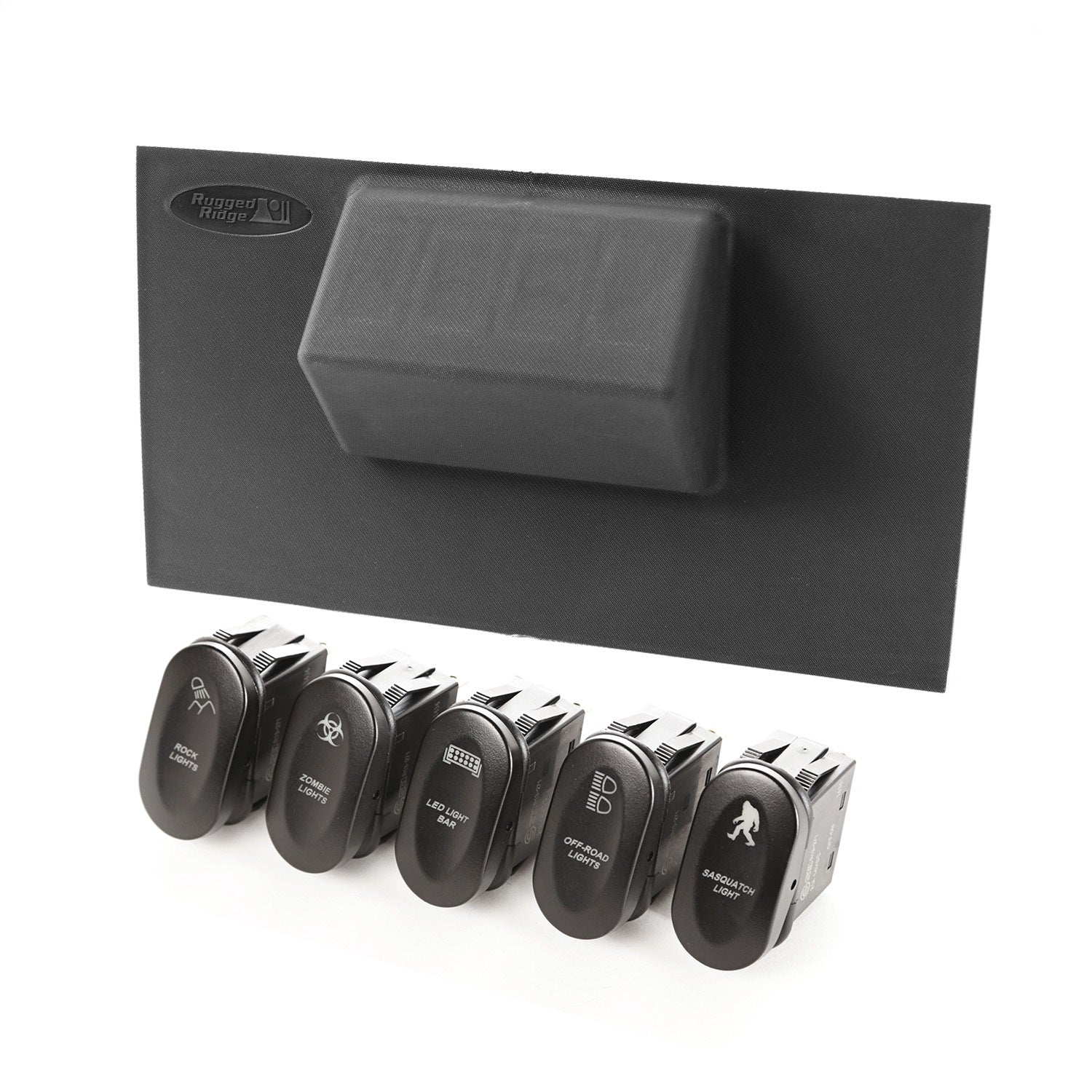 Rugged Ridge 17235.72 Lower Switch Panel Kit; Incl. Switch Panel; 5 2 Position Etched Rocker Switches; Rugged Ridge 17235.72