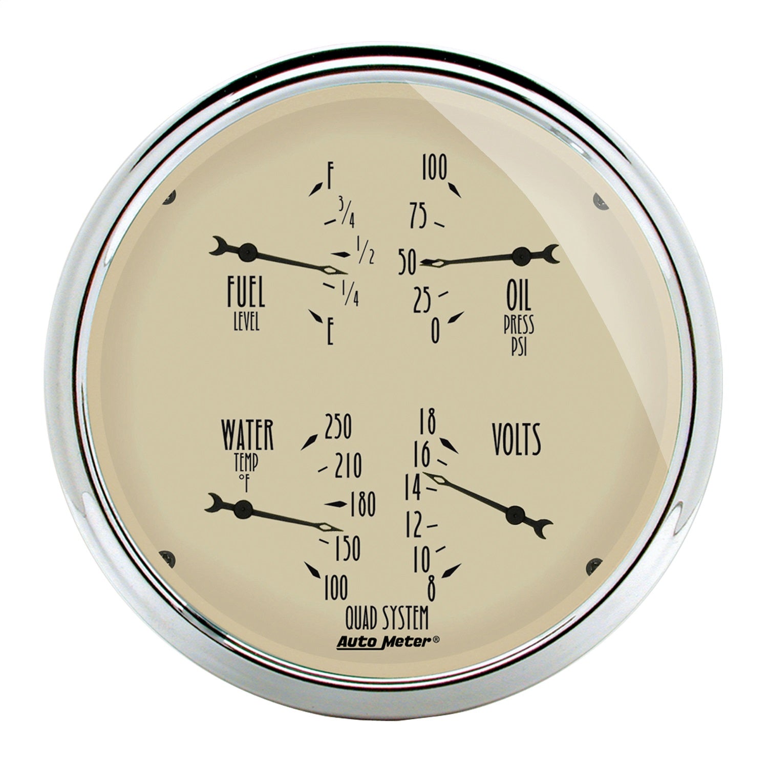 AutoMeter 1819 5in. QUAD GAUGE; 100 PSI/100-250 deg.F/8-18V/0-90 O; ANTIQUE BEIGE AutoMeter 1819