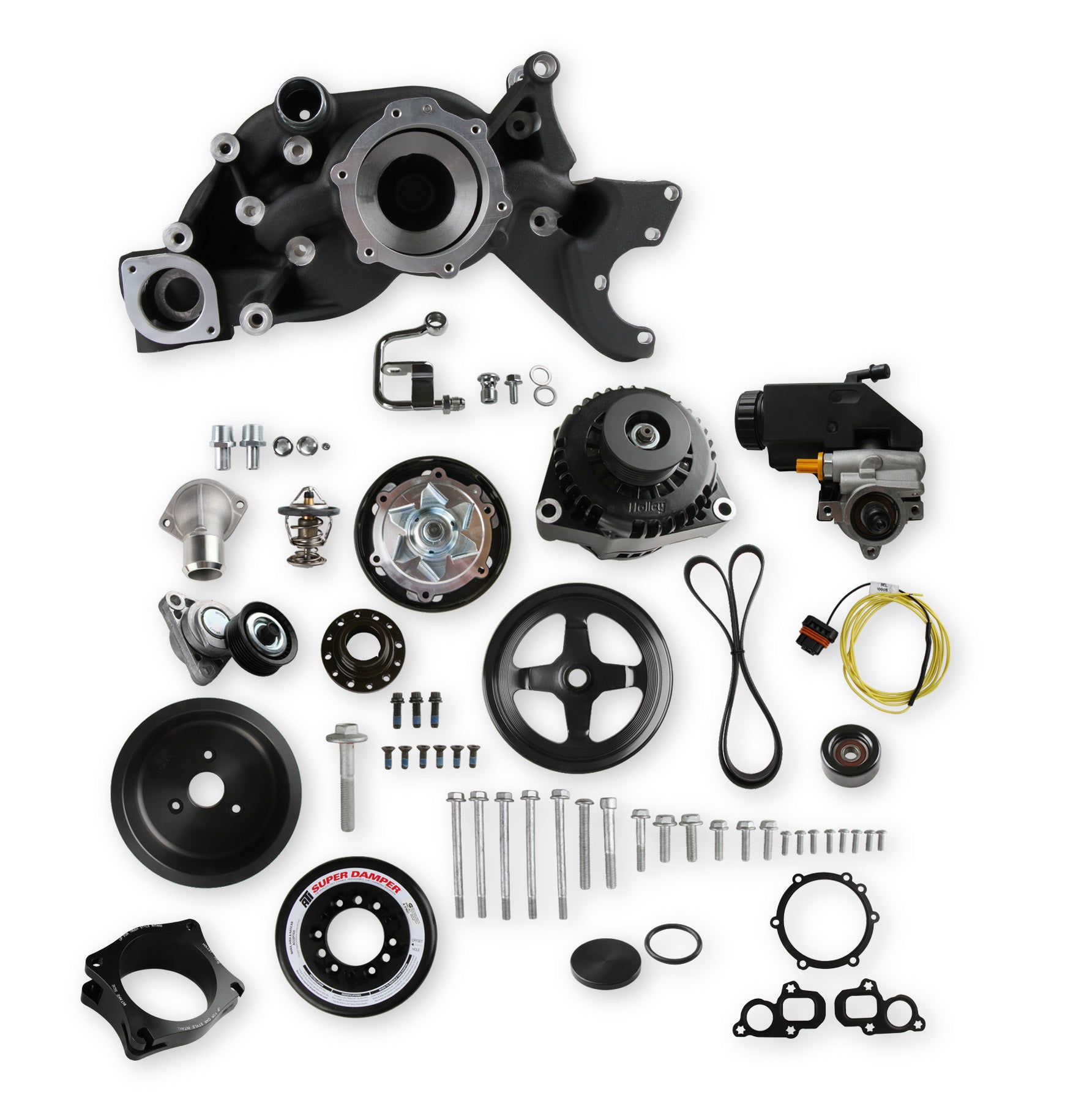 Holley 20-201BK Mid-Mount Accessory Drive System Kit; Incl. Water Pump/Alternator; Black; Holley 20-201BK