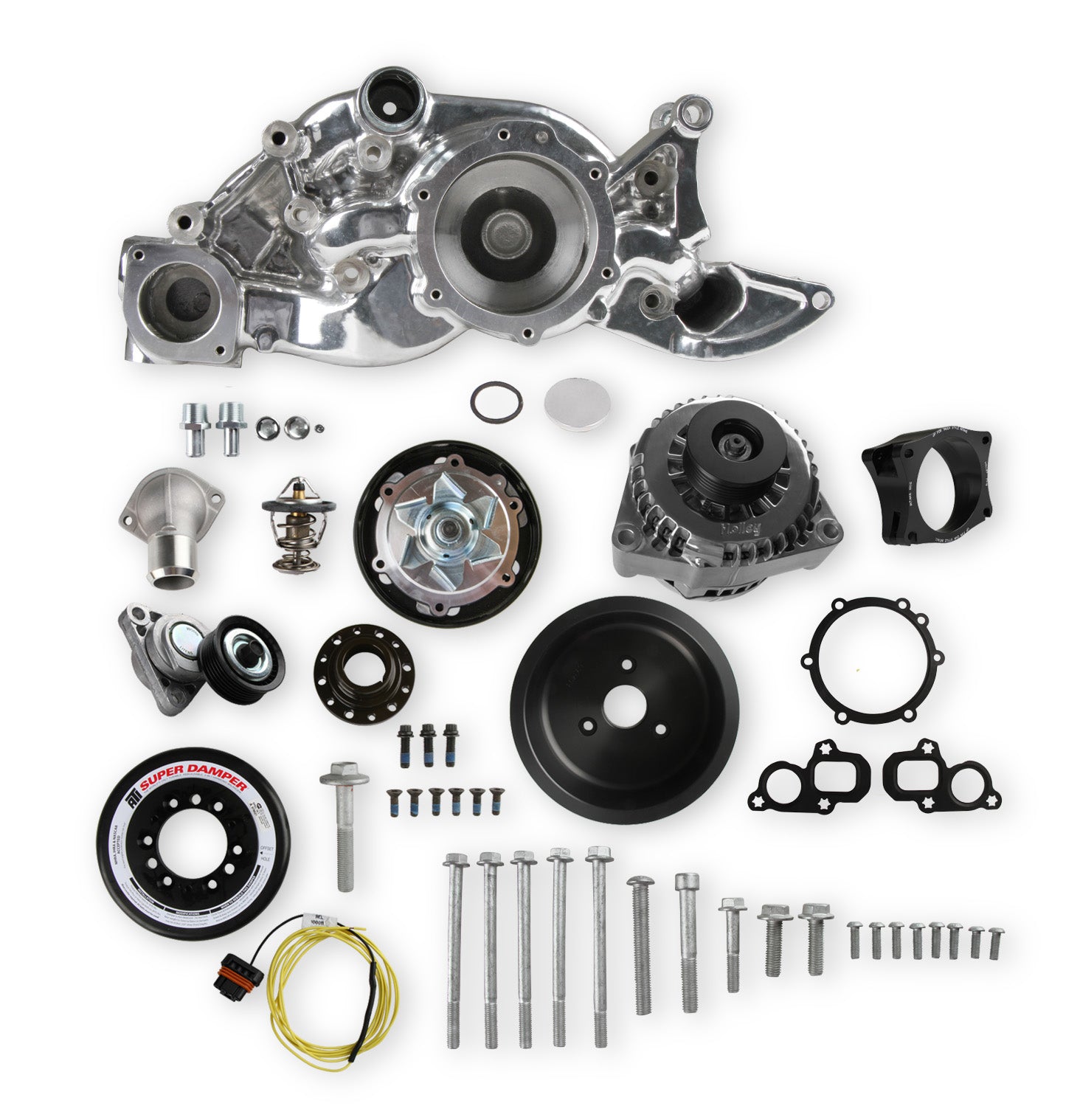 Holley 20-202P Mid-Mount Accessory Drive System Kit; Incl. Water Pump/Alternator; Polished; Holley 20-202P