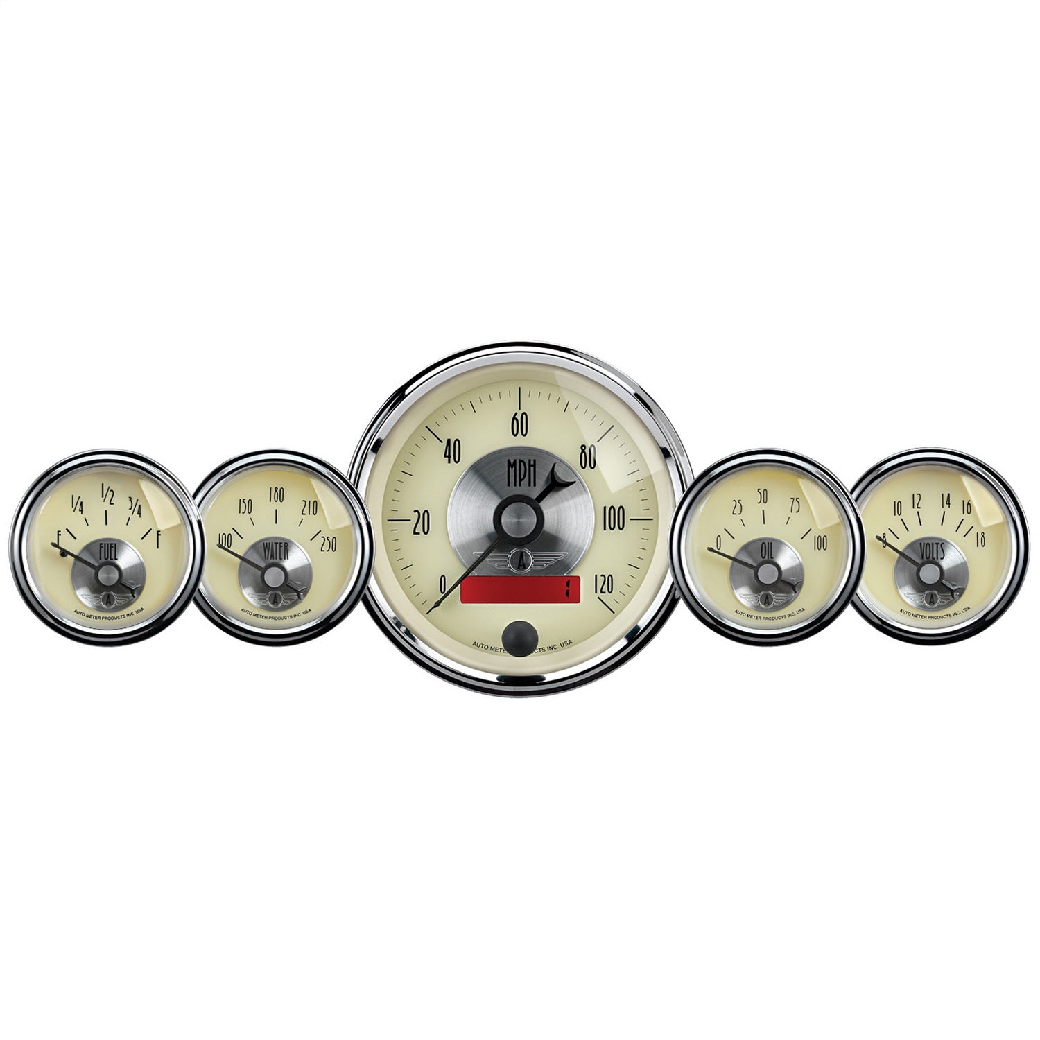 AutoMeter 2000 GAUGE KIT; 5 PC.; 3 3/8in./2 1/16in.; ELEC. SPEEDO W/LCD ODO; PRESTIGE ANTQ. IVO AutoMeter 2000