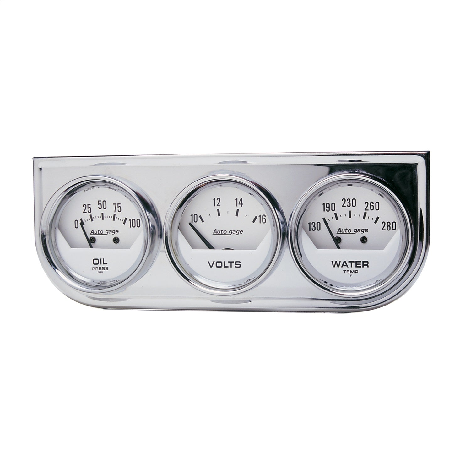 AutoMeter 2325 GAUGE CONSOLE; OILP/WTMP/VOLT; 2in.; 100PSI/280deg.F/16V; WHT DIAL; CHROME BZL; AutoMeter 2325