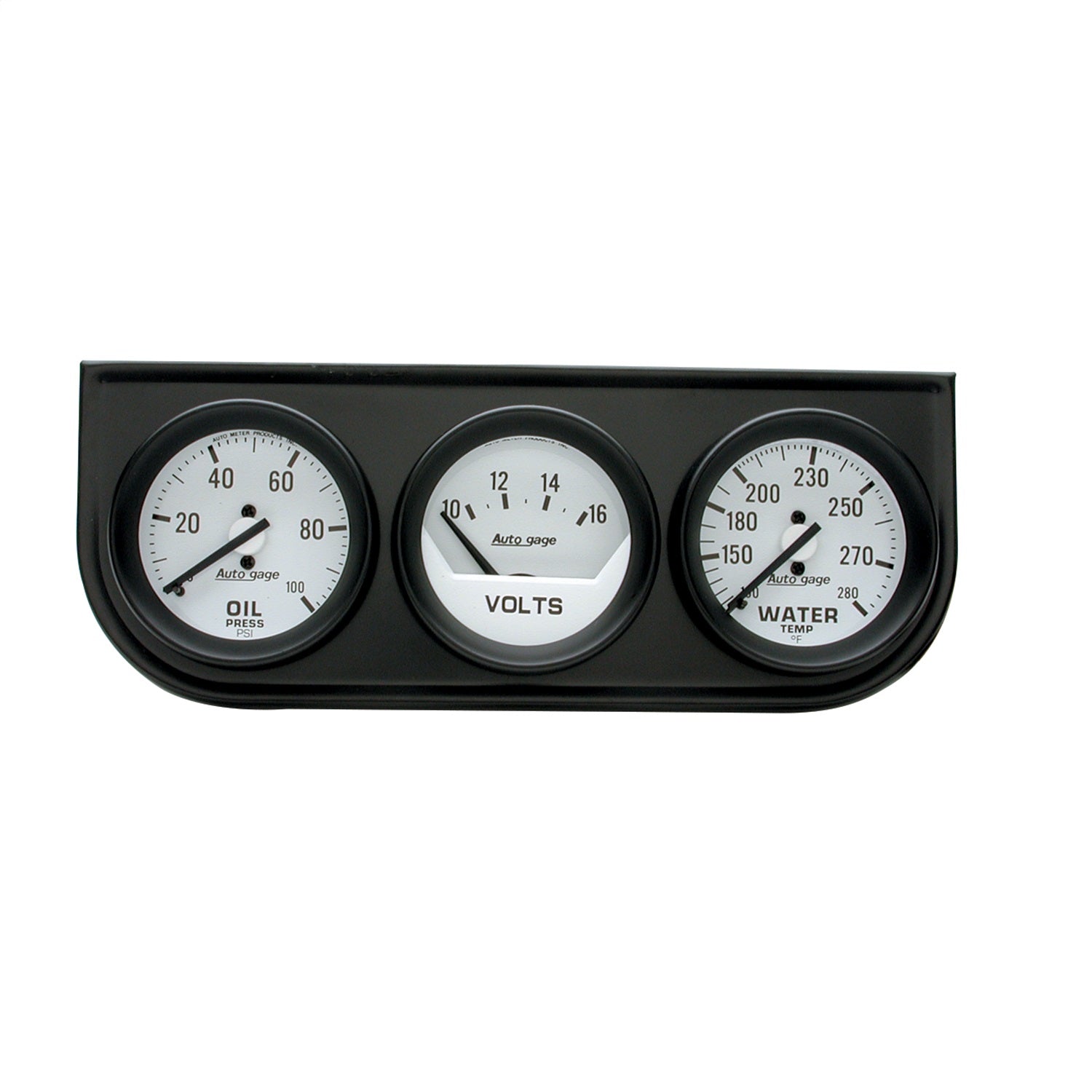 AutoMeter 2327 GAUGE CONSOLE; OILP/WTMP/VOLT; 2in.; 100PSI/280deg.F/16V; WHT DIAL; BLK BZL; AG AutoMeter 2327