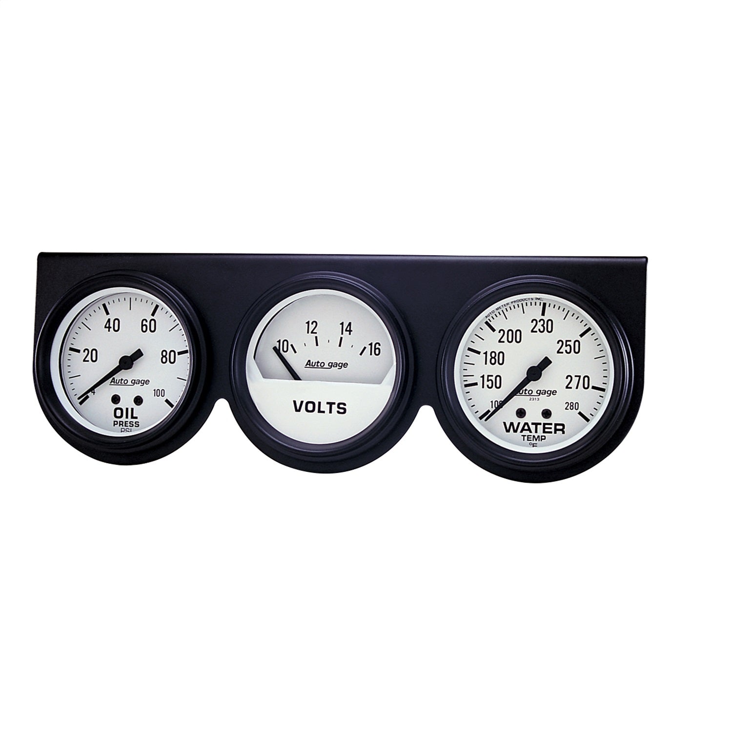 AutoMeter 2328 GAUGE CONSOLE; OILP/WTMP/VOLT; 2 5/8in.; 100PSI/280deg.F/16V; WHT DIAL; BLK BZL; AutoMeter 2328