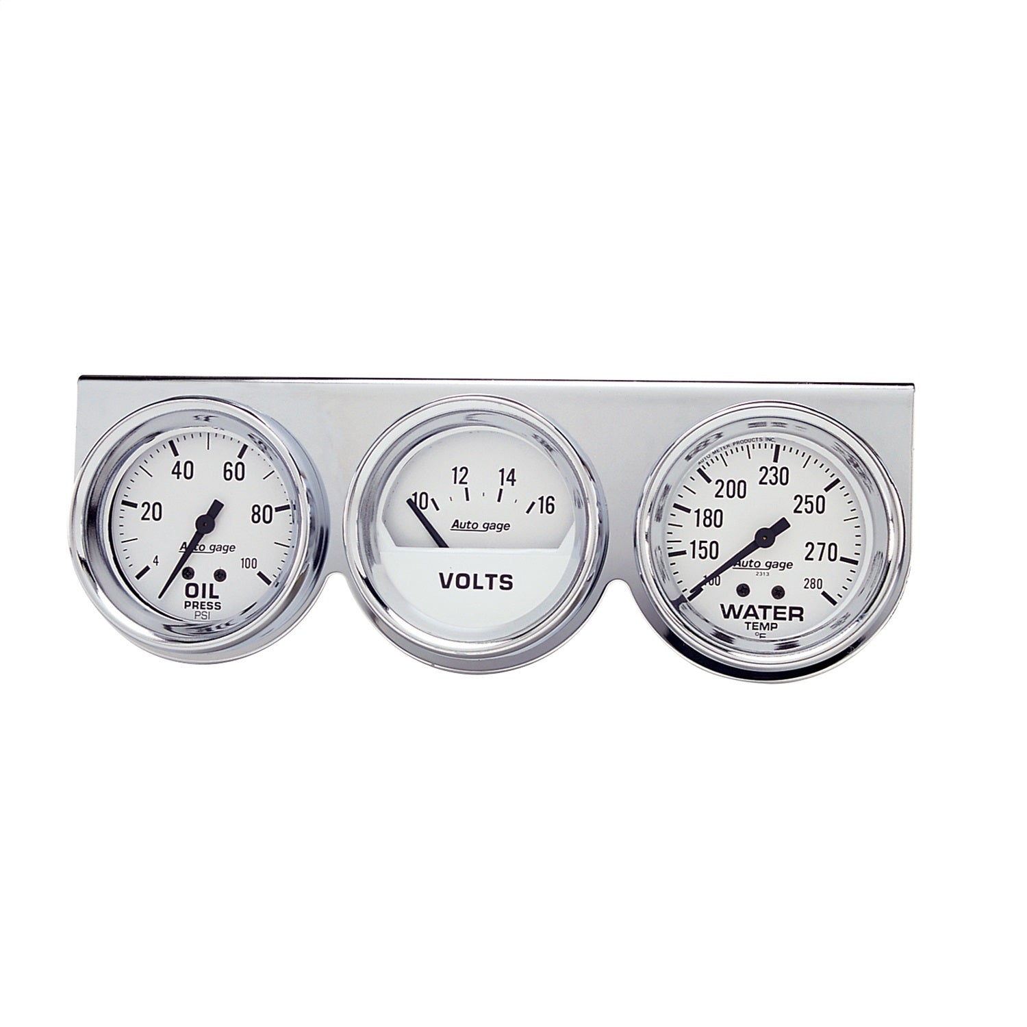 AutoMeter 2329 GAUGE CONSOLE; OILP/WTMP/VOLT; 2 5/8in.; 100PSI/280deg.F/16V; WHT DIAL; CHRME BZ AutoMeter 2329