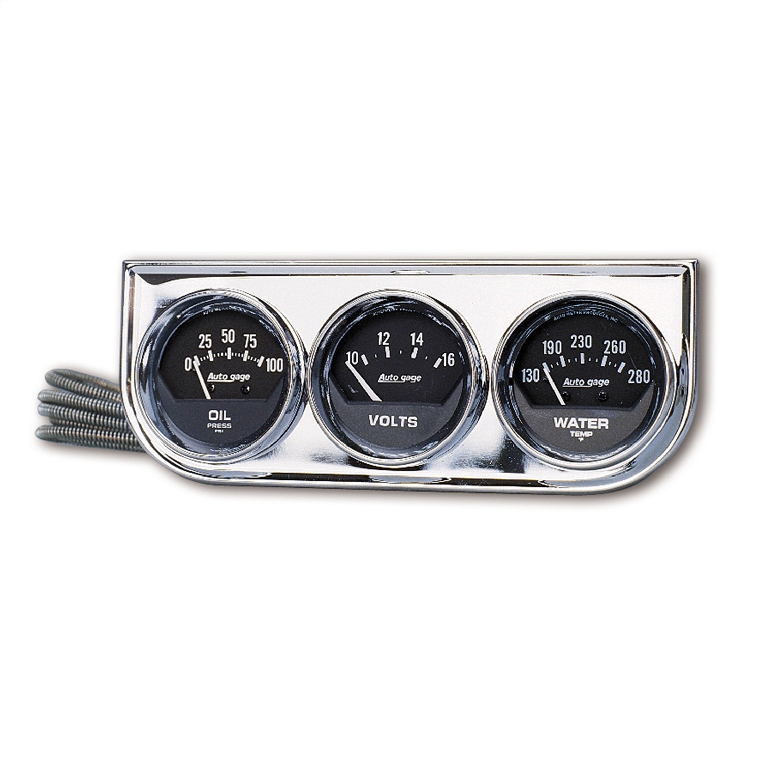 AutoMeter 2349 GAUGE CONSOLE; OILP/WTMP/VOLT; 2in.; 100PSI/280deg.F/16V; BLK DIAL; CHROME BZL; AutoMeter 2349