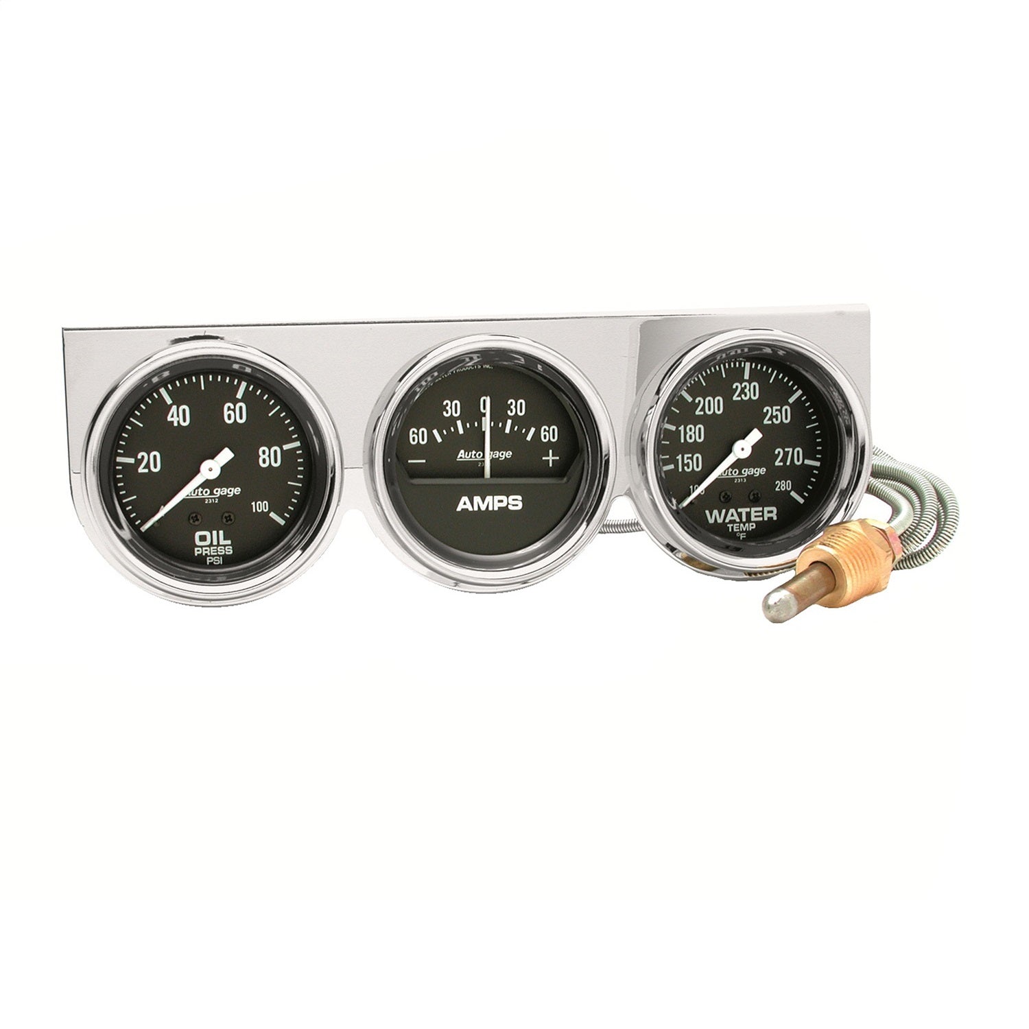 AutoMeter 2395 GAUGE CONSOLE; OILP/WTMP/AMP; 2 5/8in.; 100PSI/280deg.F/60A; BLK DIAL; CHROME BZ AutoMeter 2395