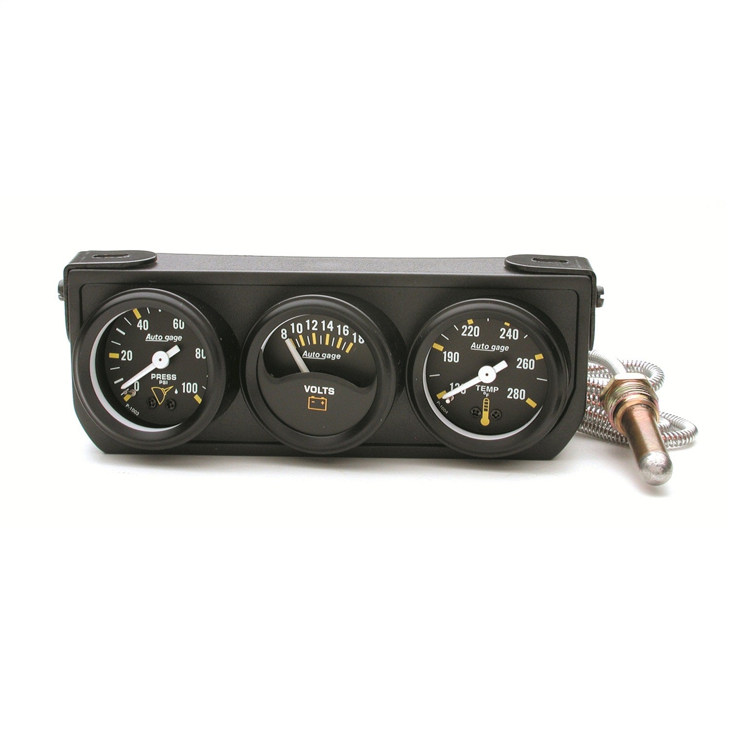 AutoMeter 2396 GAUGE CONSOLE; OILP/WTMP/VOLT; 1.5in.; 100PSI/280deg.F/18V; MECH BK DIAL; BK BZL AutoMeter 2396