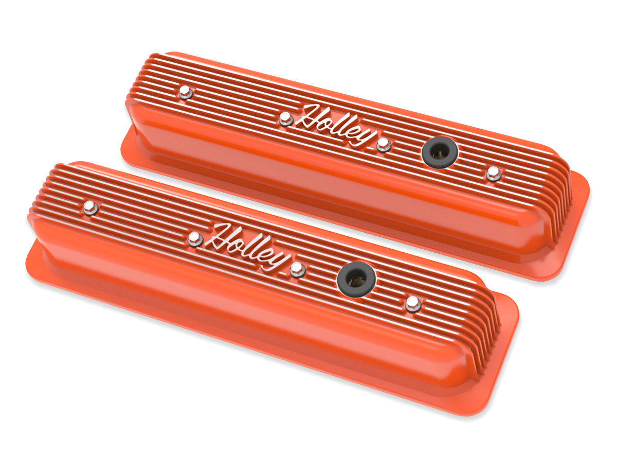 Holley 241-249 Valve Covers; Center-Bolt Finned; w/o Emissions Port; Chevy Orange Finish; Holley 241-249