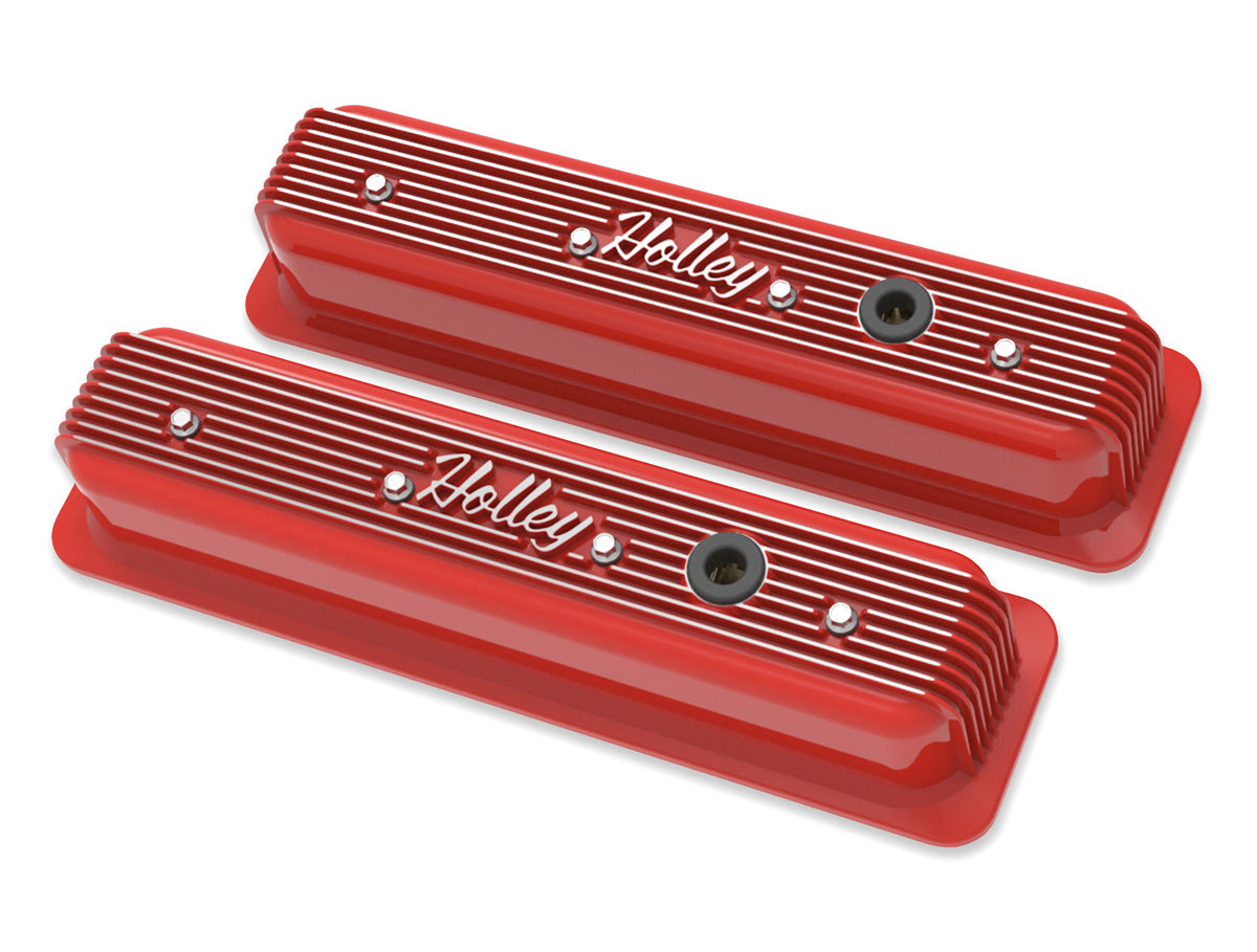 Holley 241-250 Valve Covers; Center-Bolt Finned; w/o Emissions Port; Gloss Red Finish; Holley 241-250