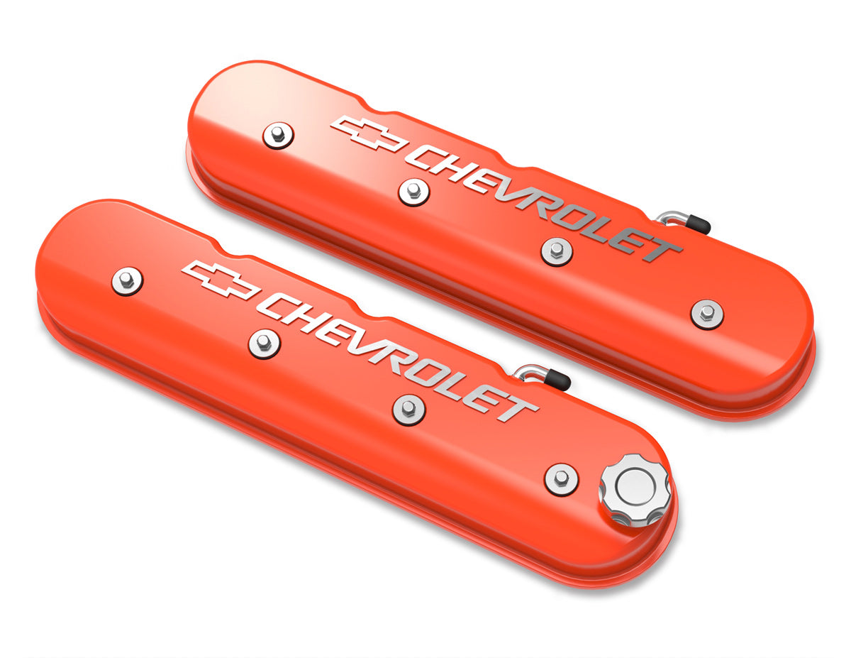 Tall LS Valve Cover with Bowtie/Chevrolet Logo - Factory Orange Machined Finish